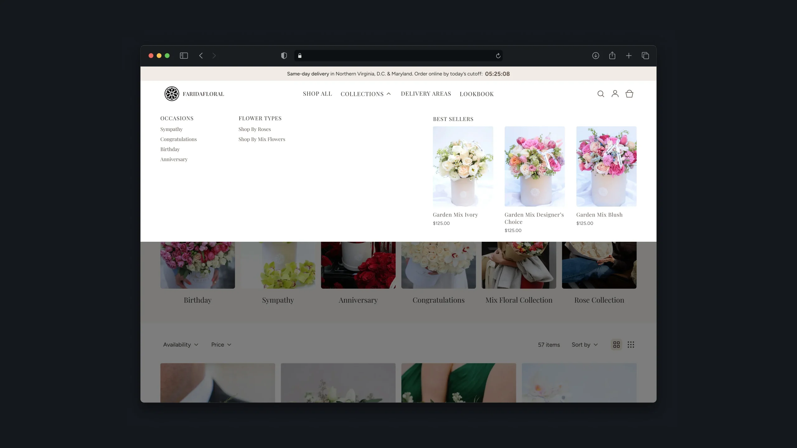 Desktop homepage section featuring flower arrangements for birthdays, sympathy, anniversaries, and congratulations