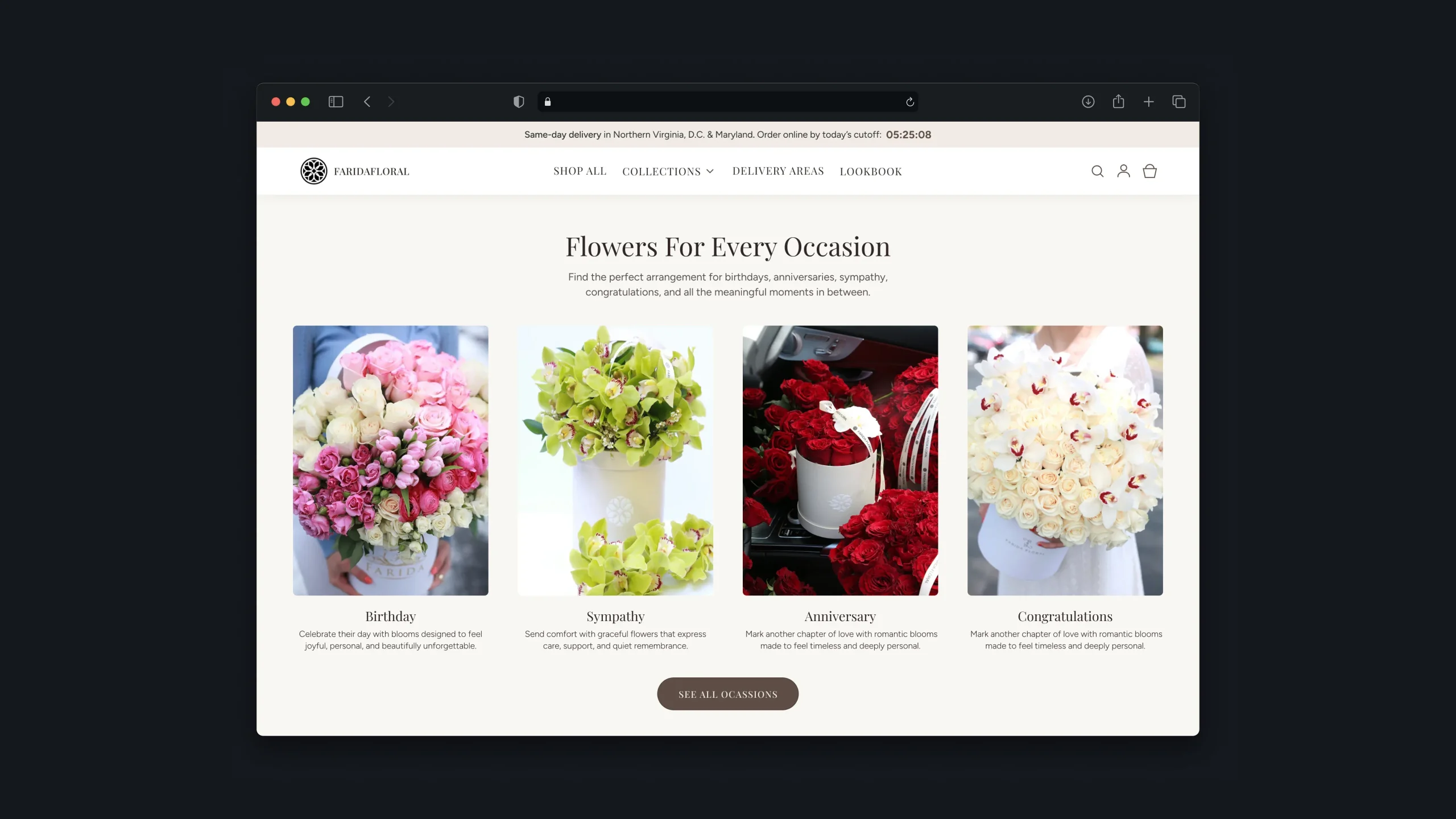 Birthday flower collection page displaying rose bouquets and mixed arrangements