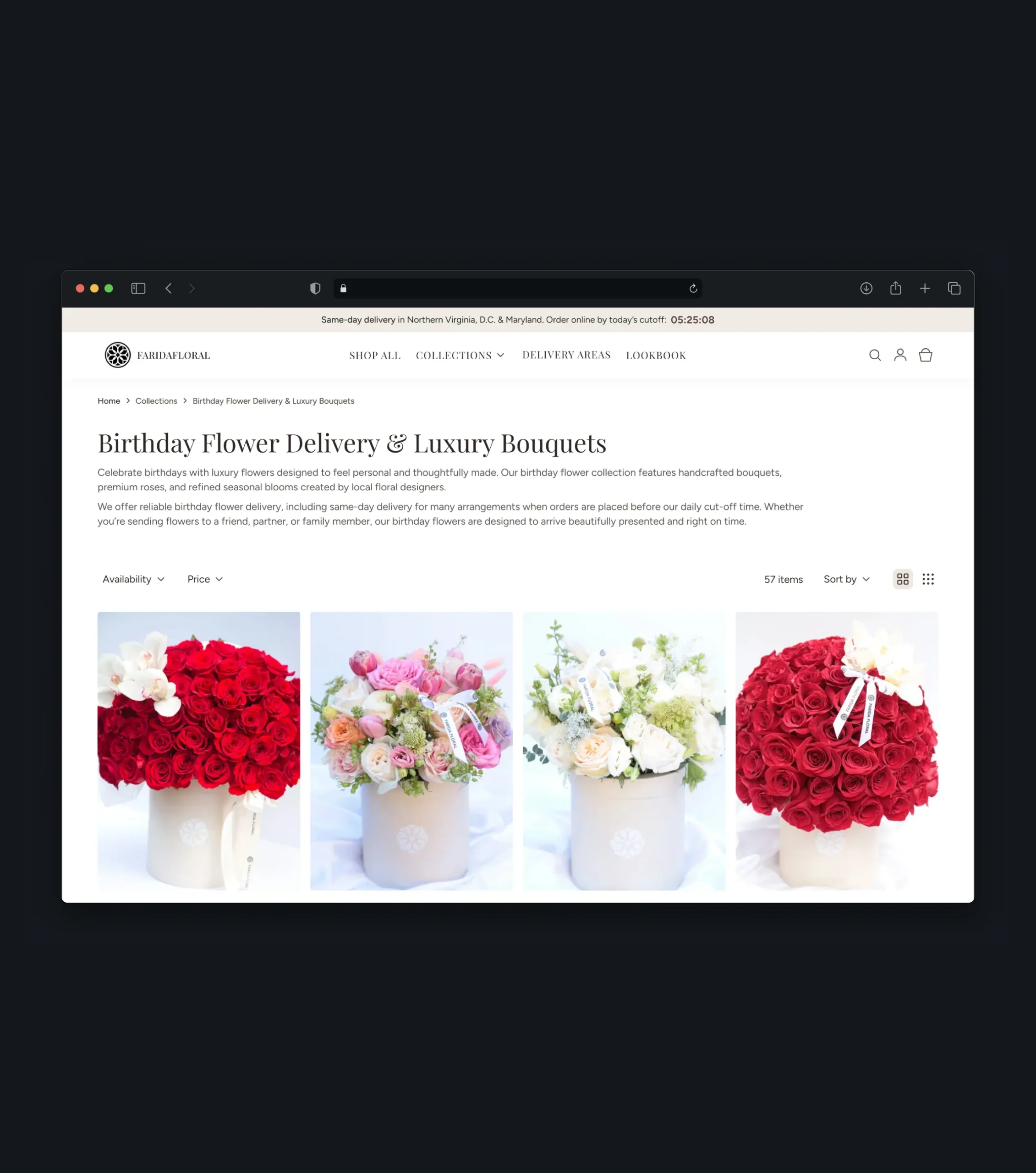 Close-up of a birthday flower collection page with bouquet products and price filters