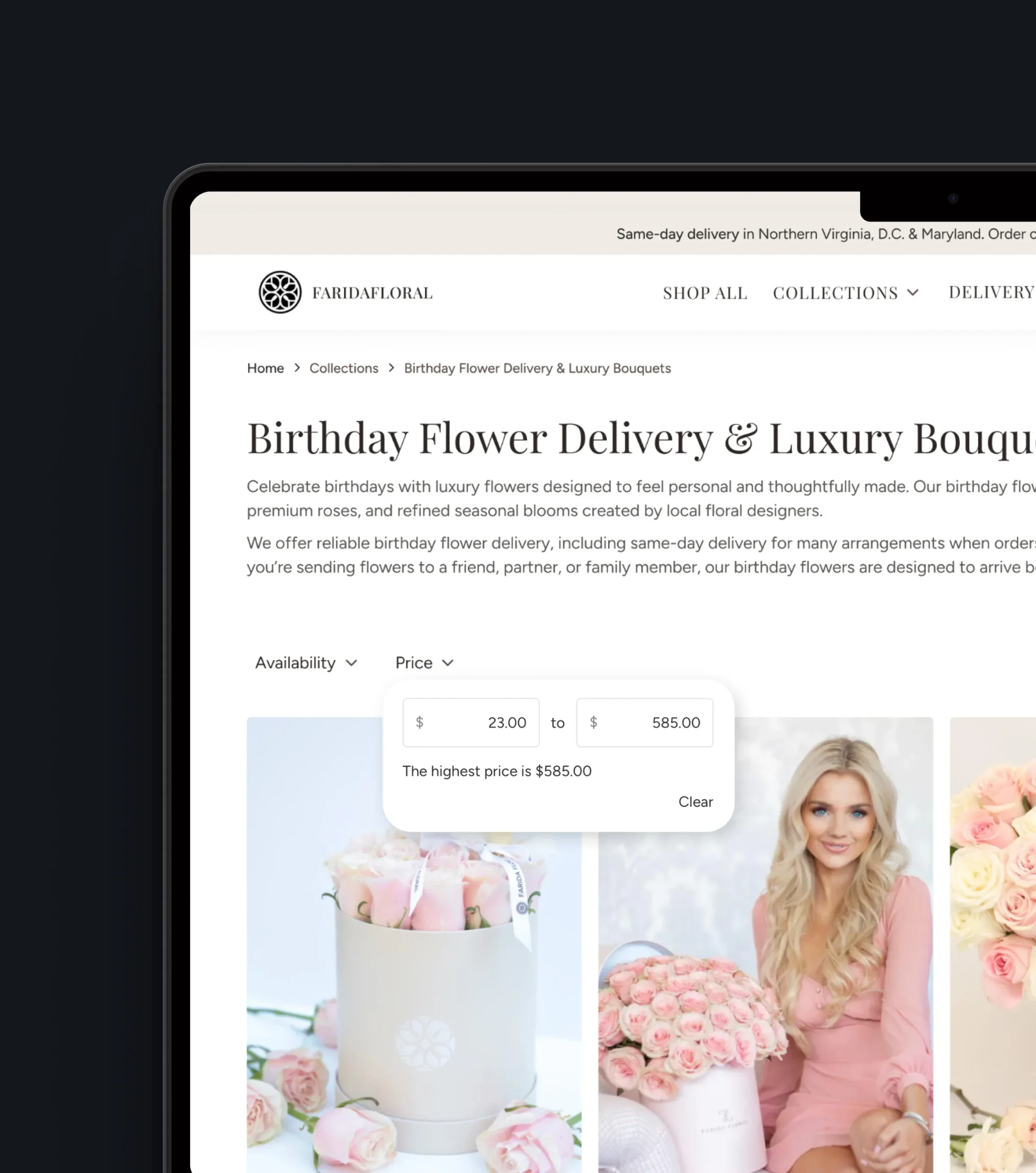 Shopping cart page with floral arrangements, order quantities, and an order summary