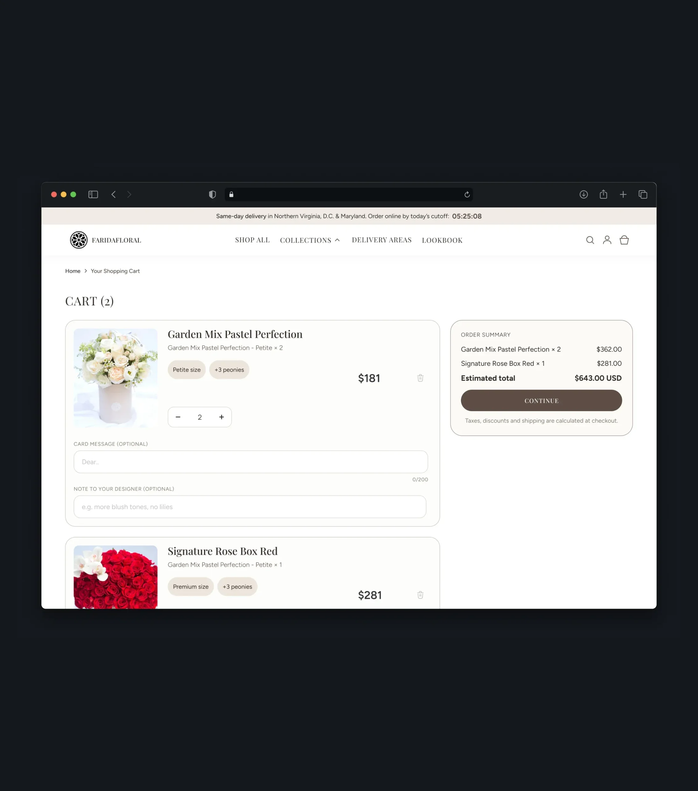 Checkout page with local delivery and store pickup options, pickup details, and a date picker