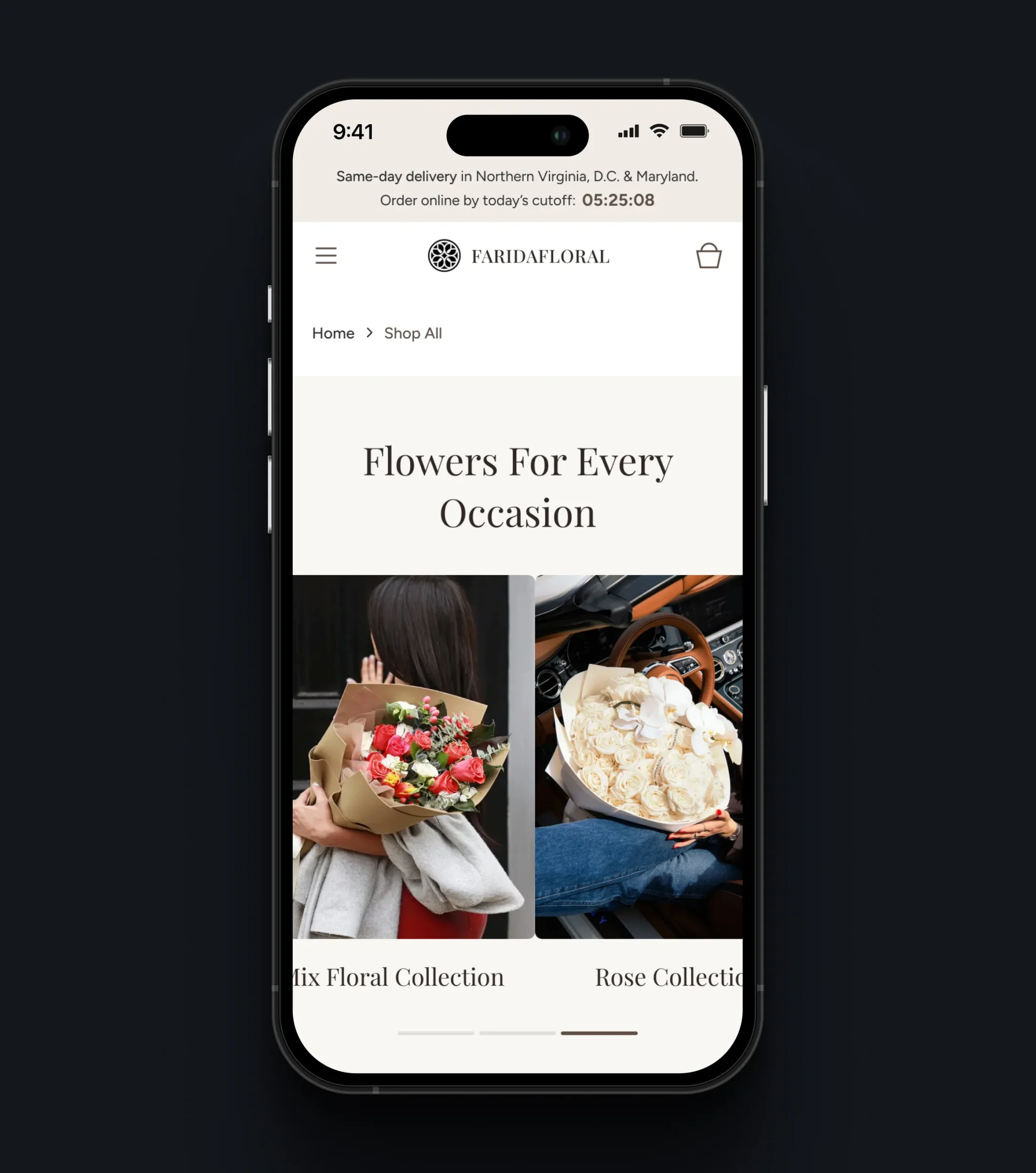 Mobile shopping cart with a delivery date calendar and same-day delivery availability
