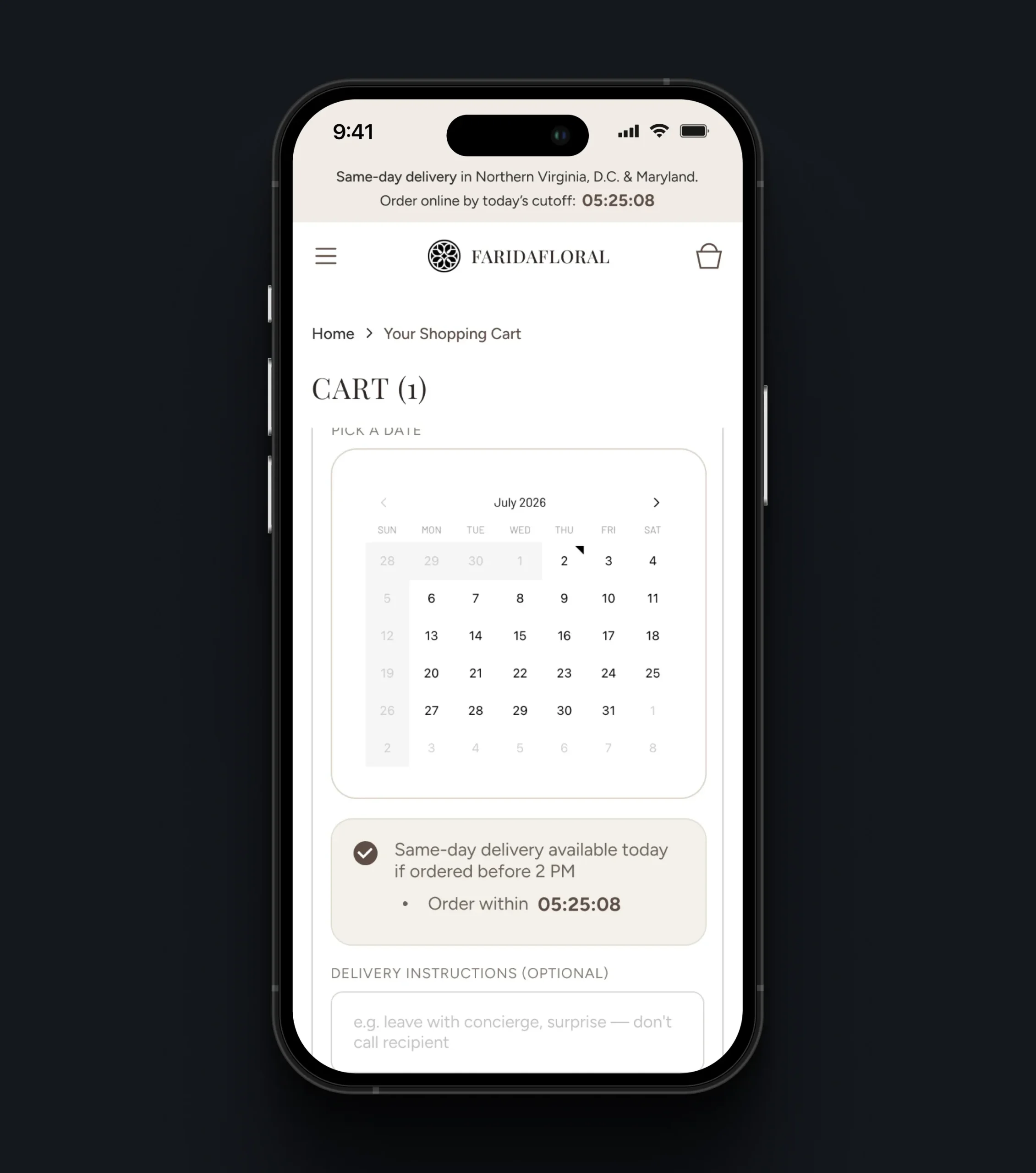 Mobile checkout page showing a calendar to select a flower delivery date