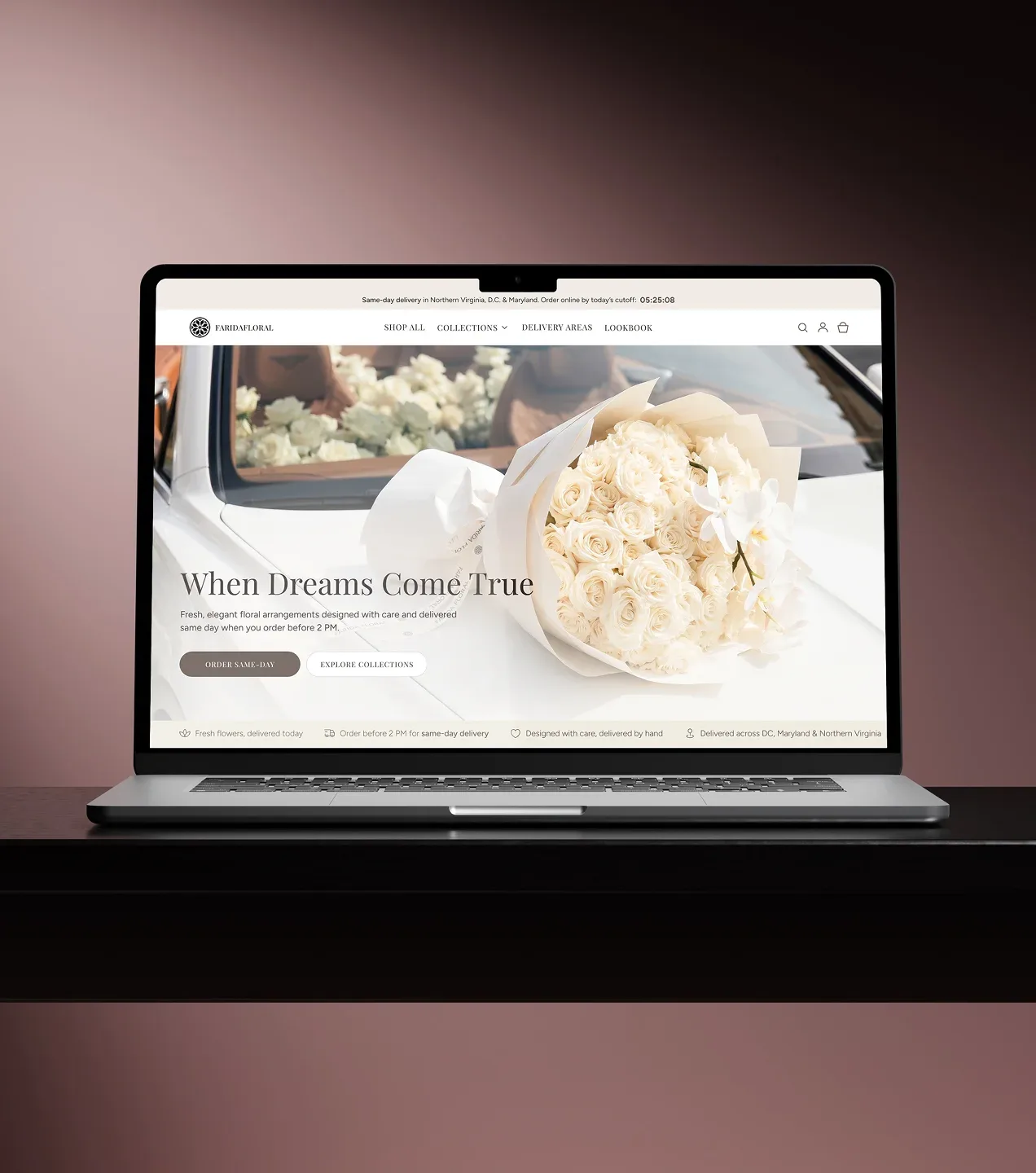Laptop displaying a floral shop homepage with an ivory rose bouquet and same-day delivery message