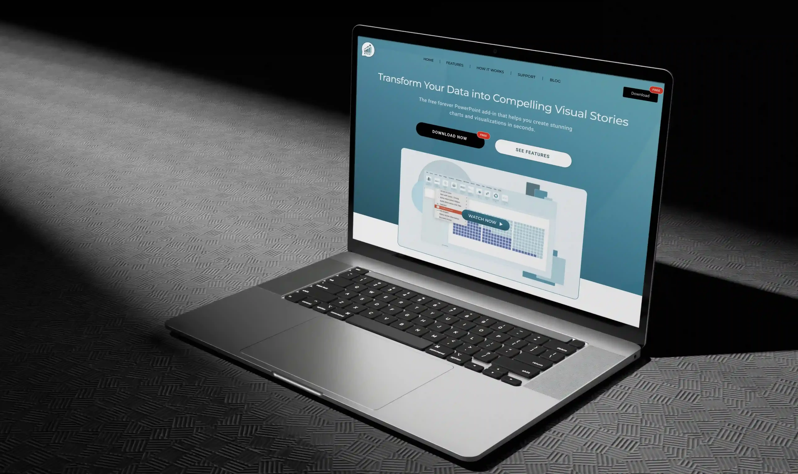 PowerPoint chart add-in website displayed on a laptop, with chart and data visualization examples