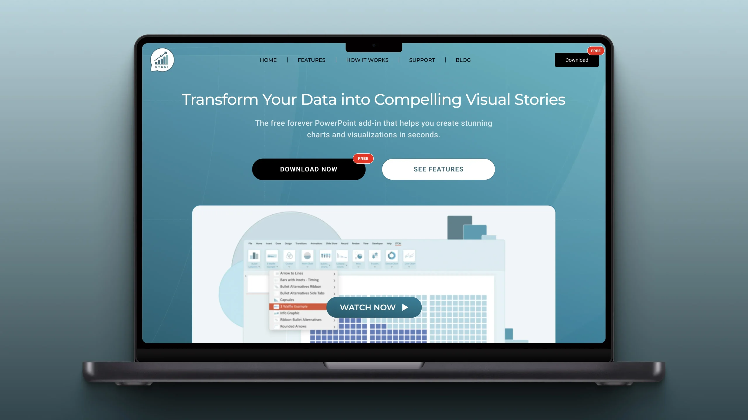 Website features section describing one-click charts, live data connections, custom styling, and free access