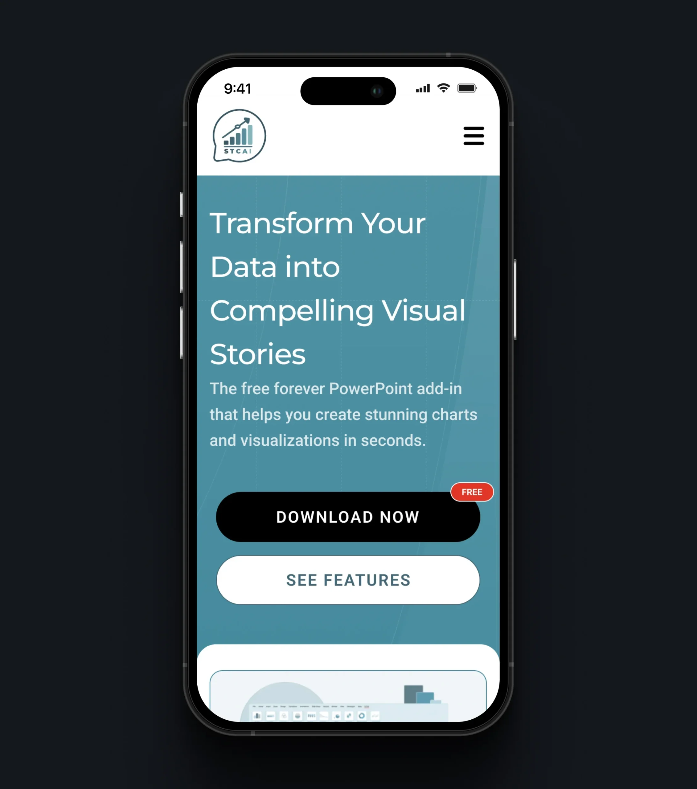 Mobile pricing section listing chart templates, live data, custom styling, and annotation tools at no cost