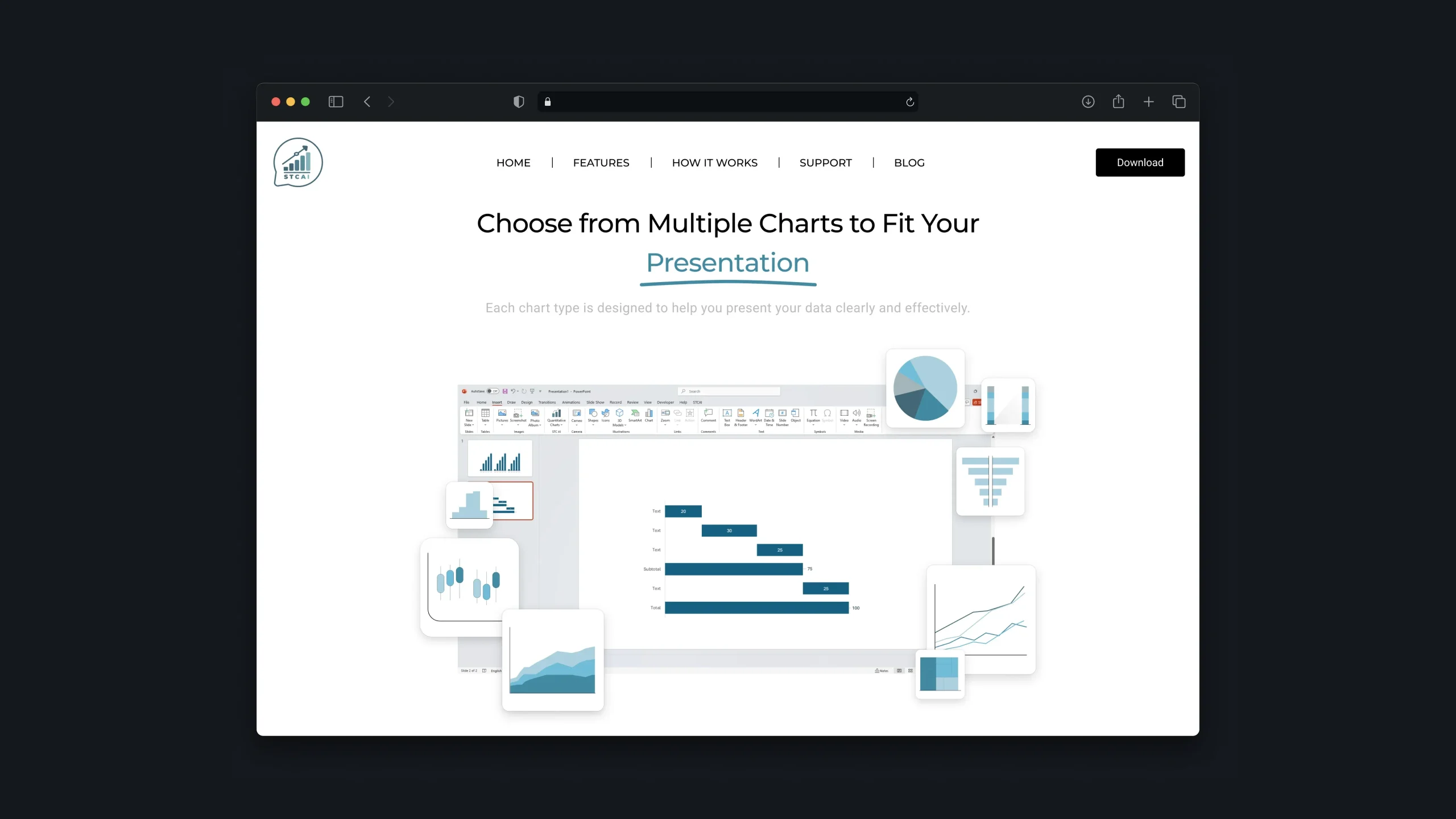 PowerPoint slide with blue, orange, and gray gears created using a chart add-in ribbon