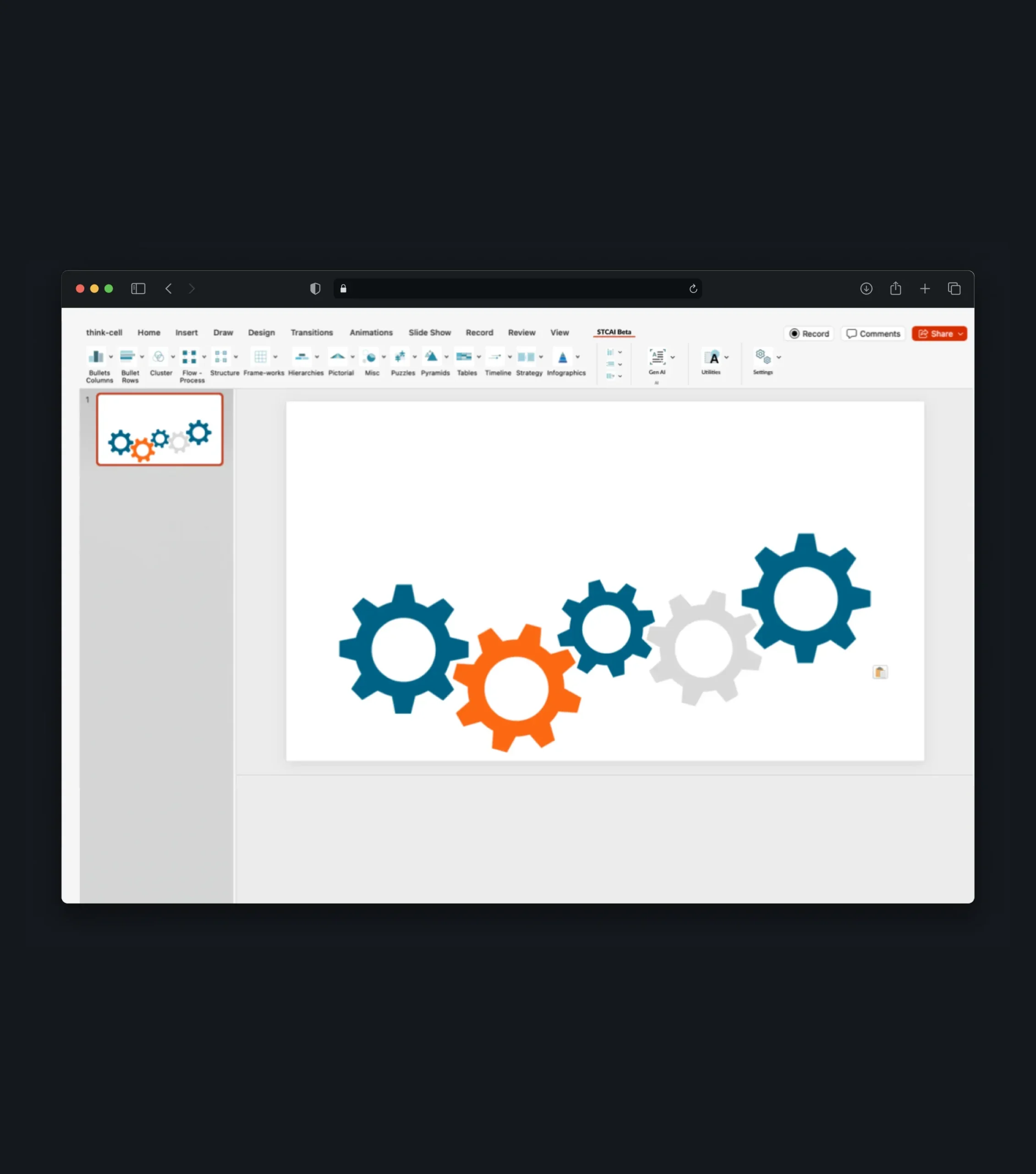 PowerPoint ribbon with chart tools and a menu of writing and logical structuring features