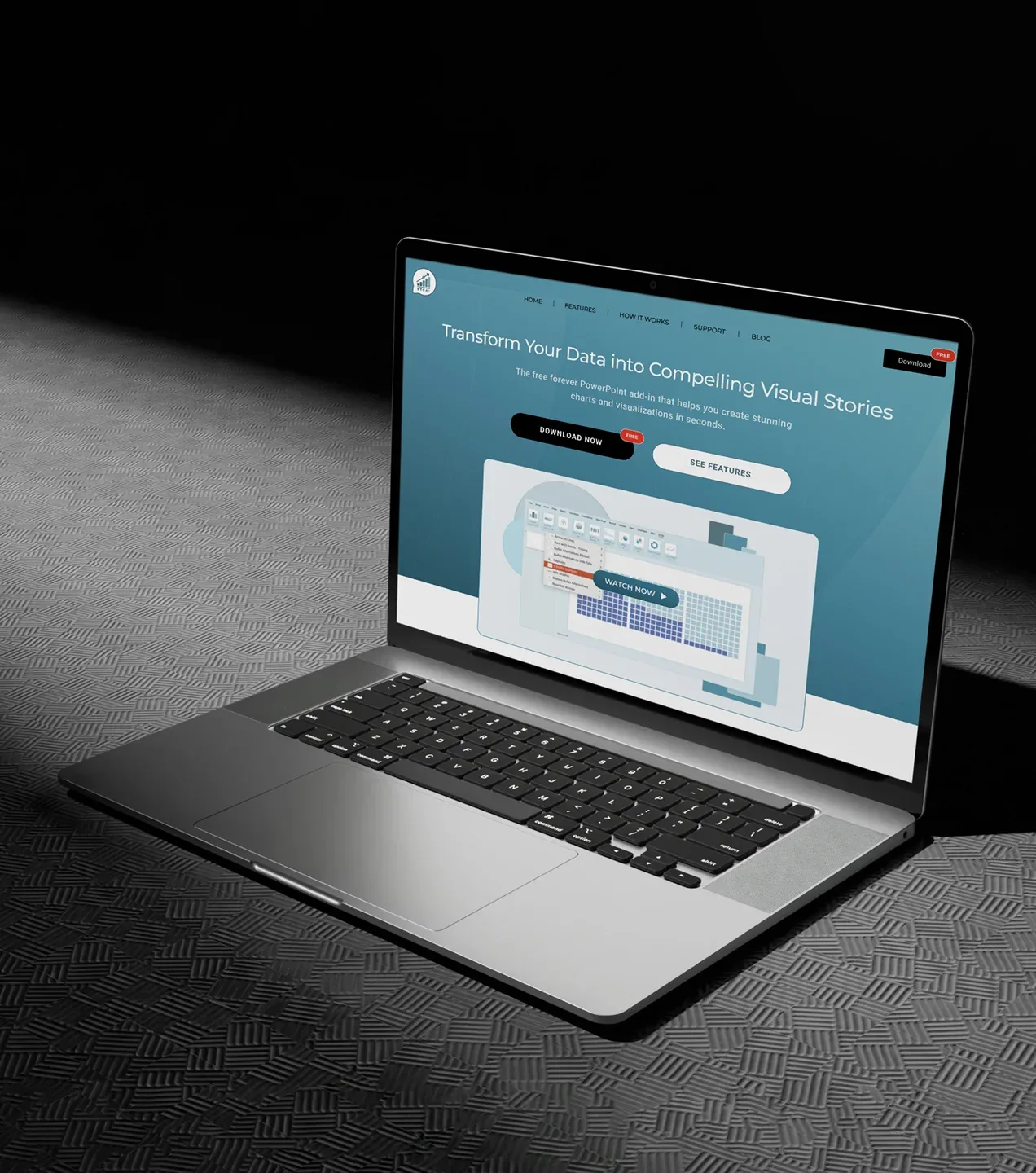 Laptop displaying a chart add-in website against a dark background