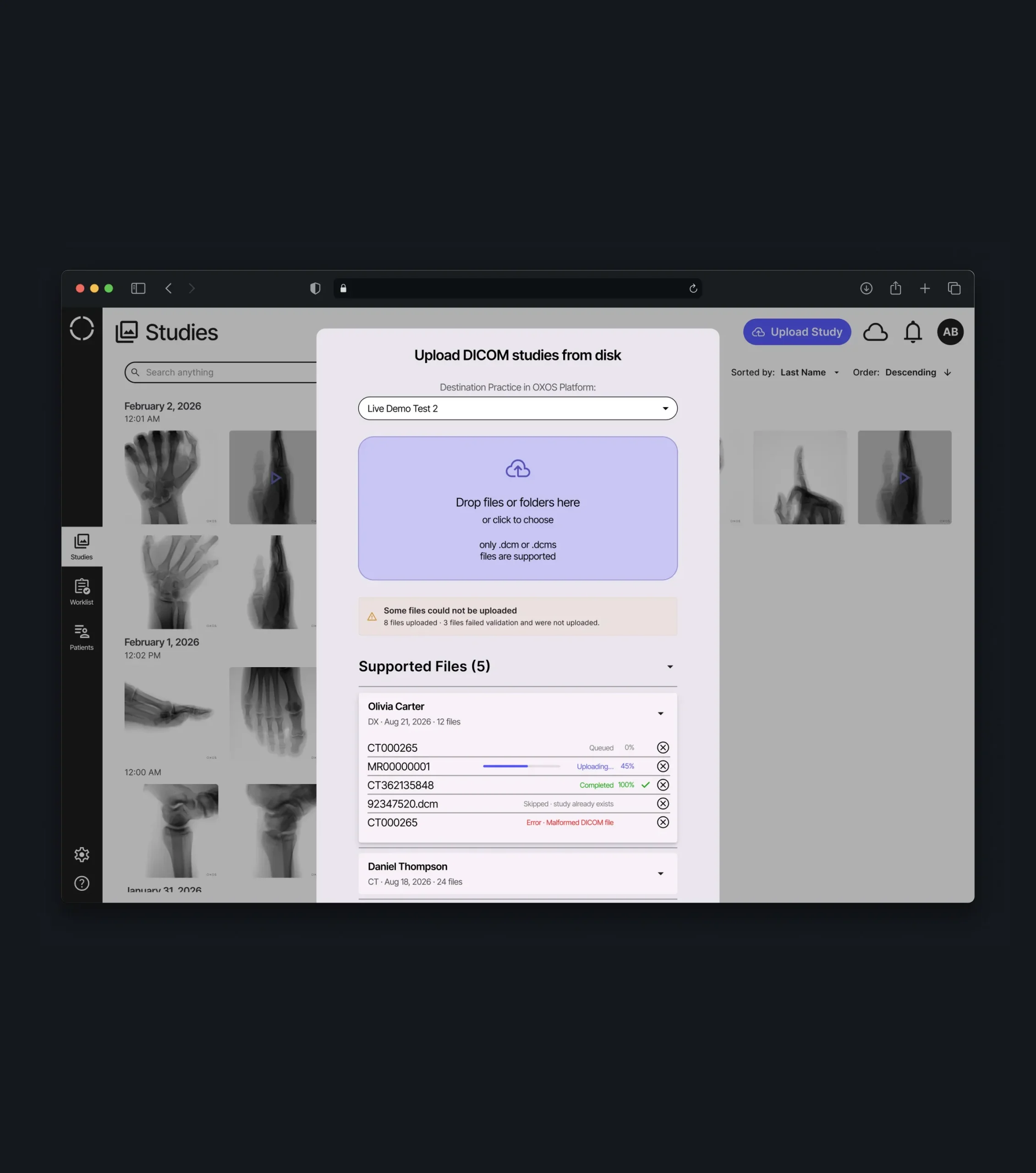 DICOM upload dialog with a practice selector, file drop area, and upload validation results.
