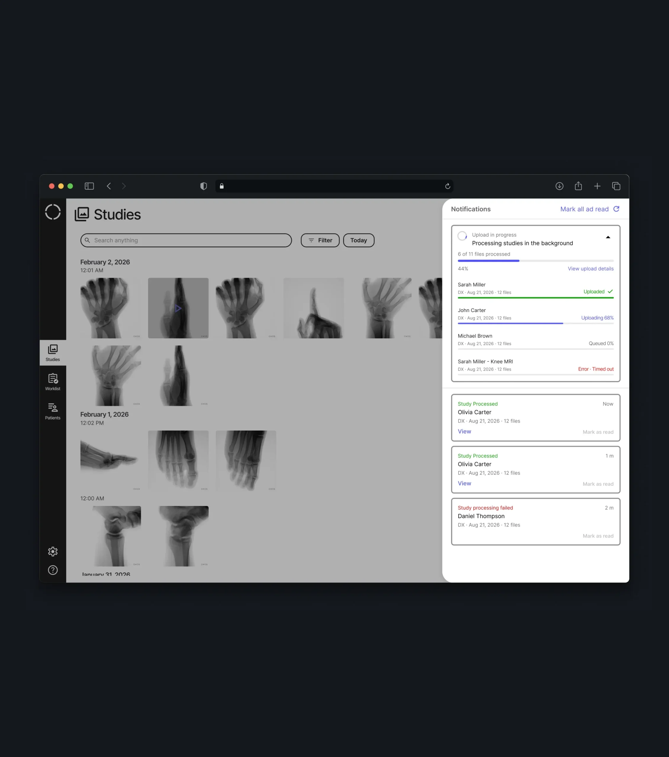 Notifications panel showing DICOM study processing progress and completed or failed uploads.