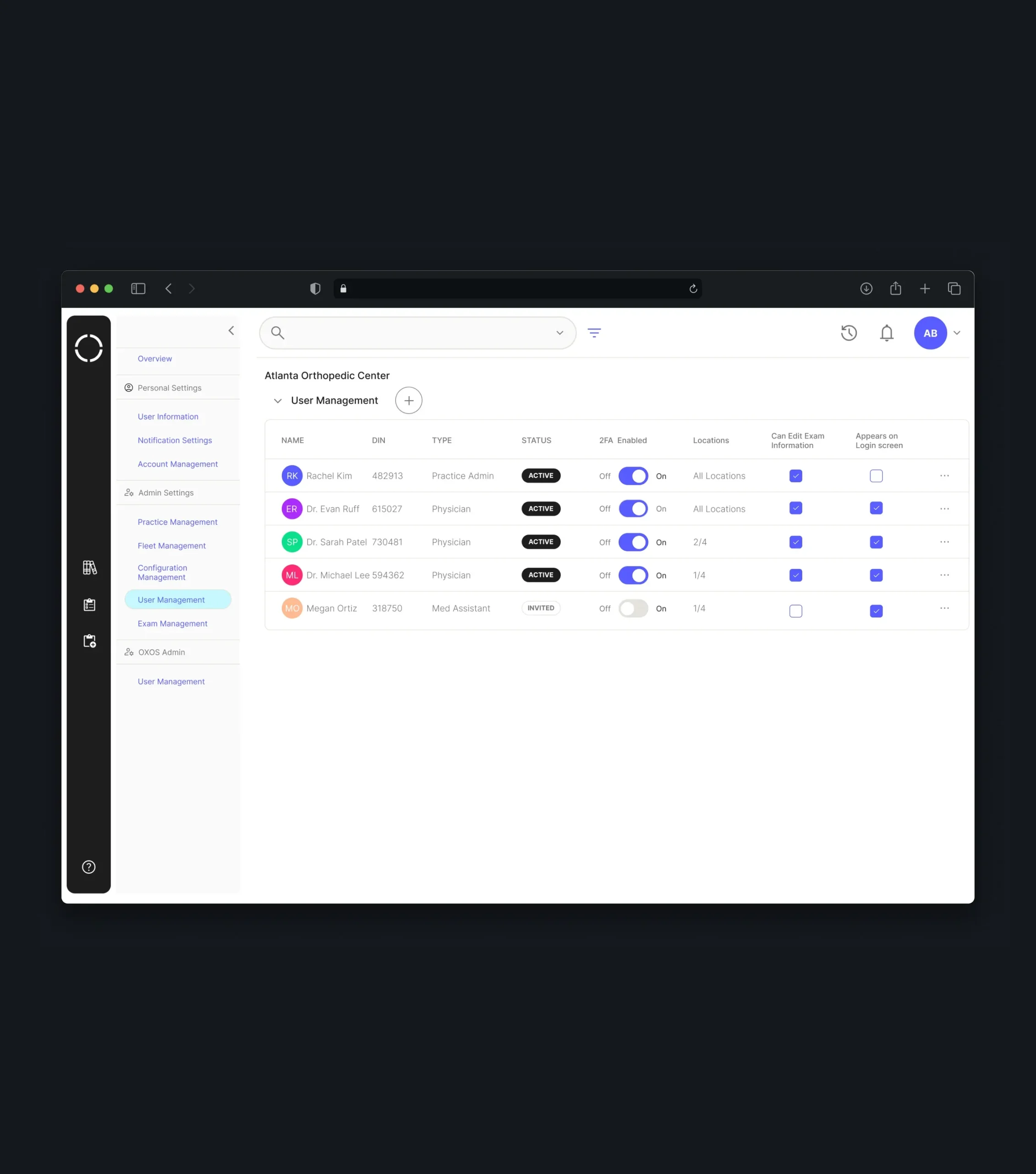 User management table with account roles, status, two-factor authentication, and access settings.