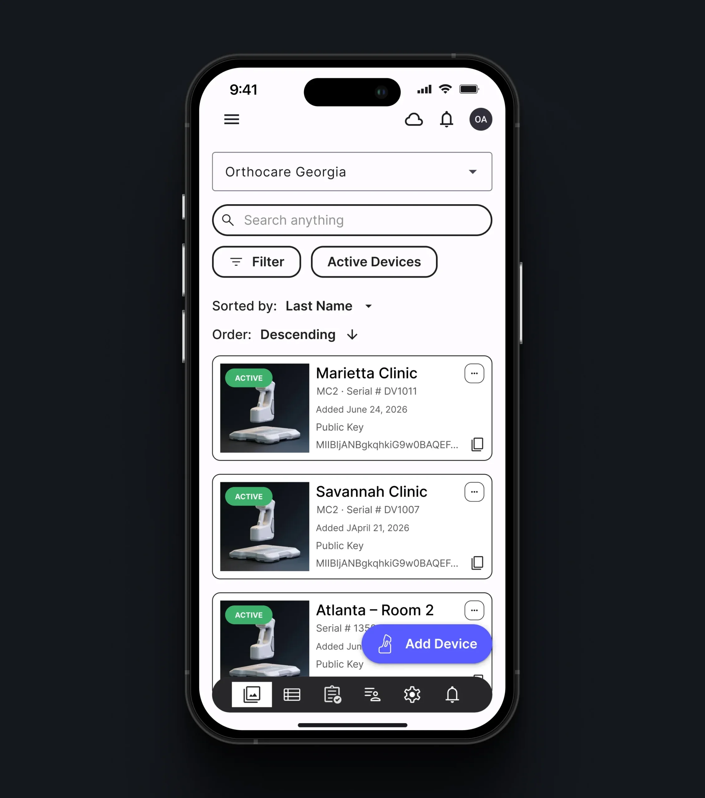 Mobile device management screen with search and filters, active device cards, and an Add Device button.
