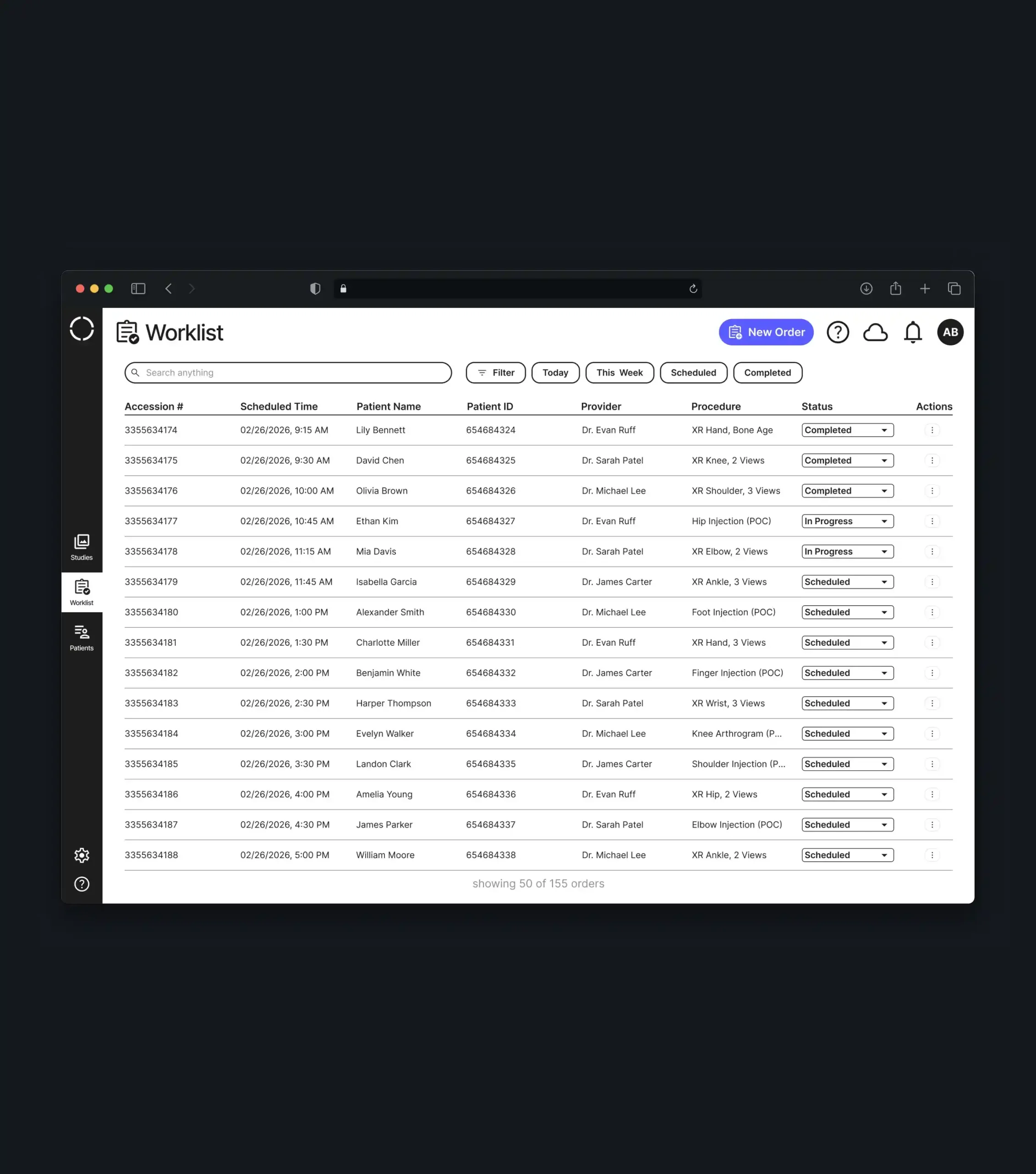 X-ray worklist with search, date filters, patient records, procedures, and study statuses.
