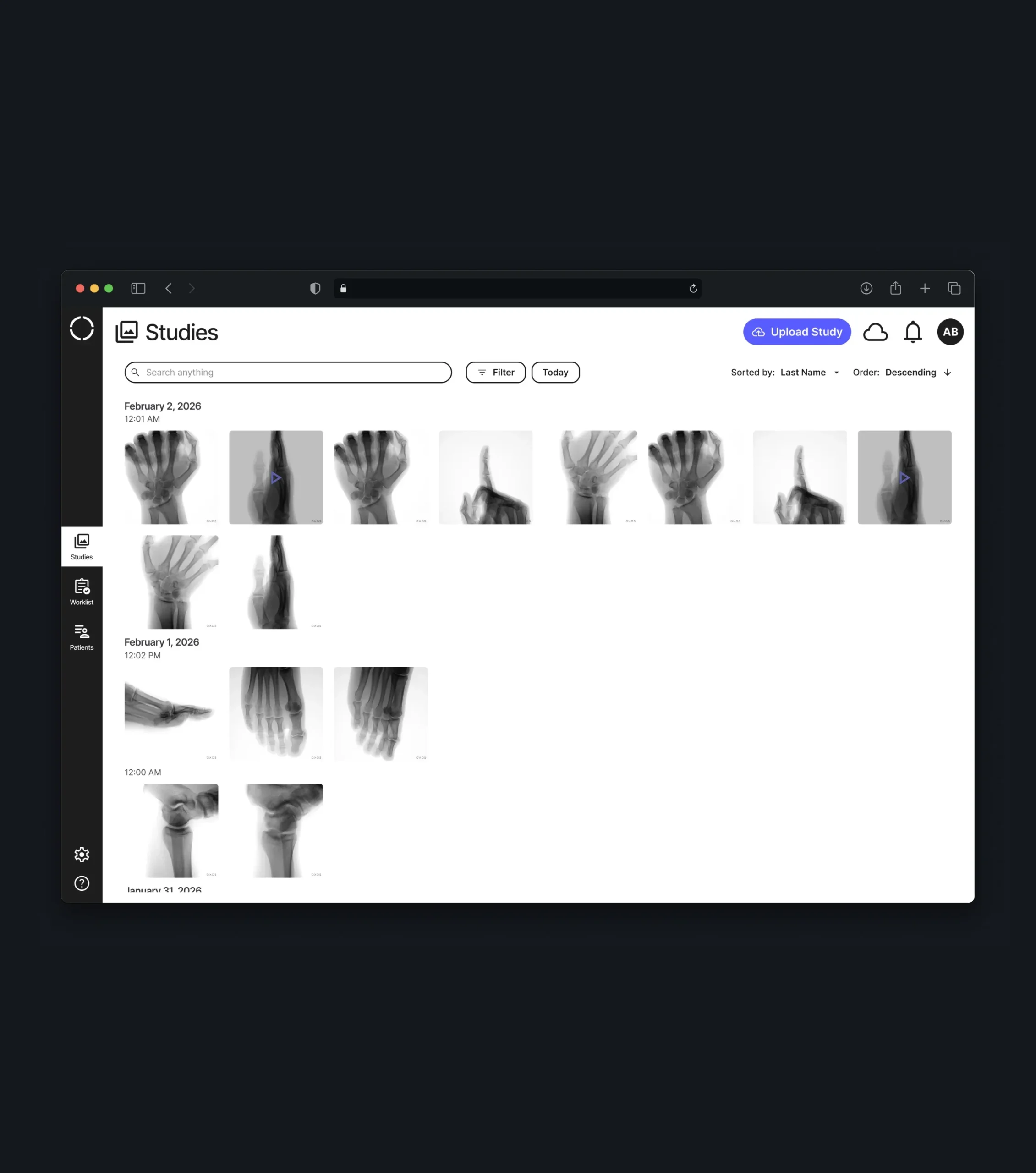 Studies dashboard showing a searchable gallery of radiographs grouped by date.