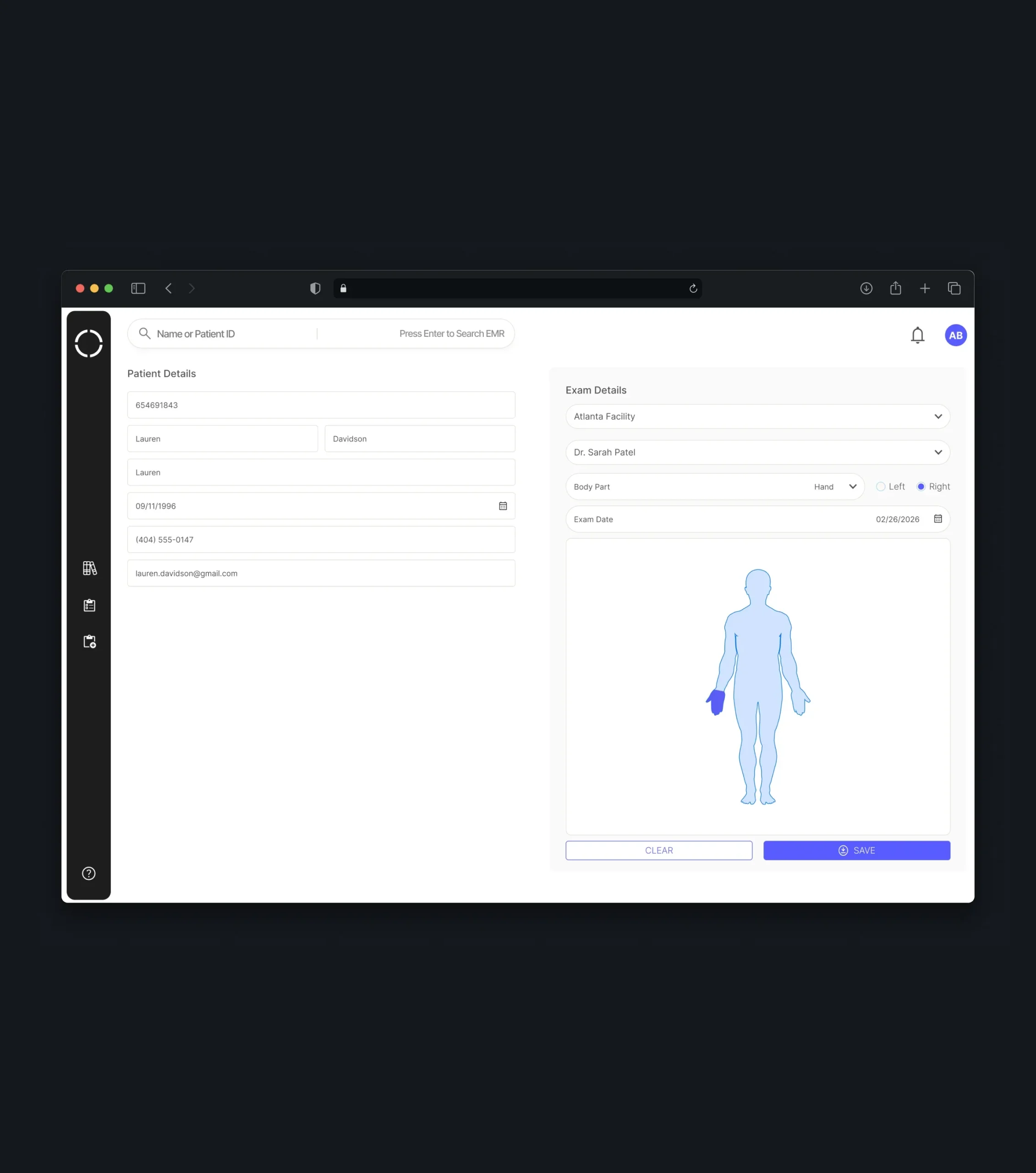 Exam setup form with patient information, exam details, and a body diagram with the hand selected.