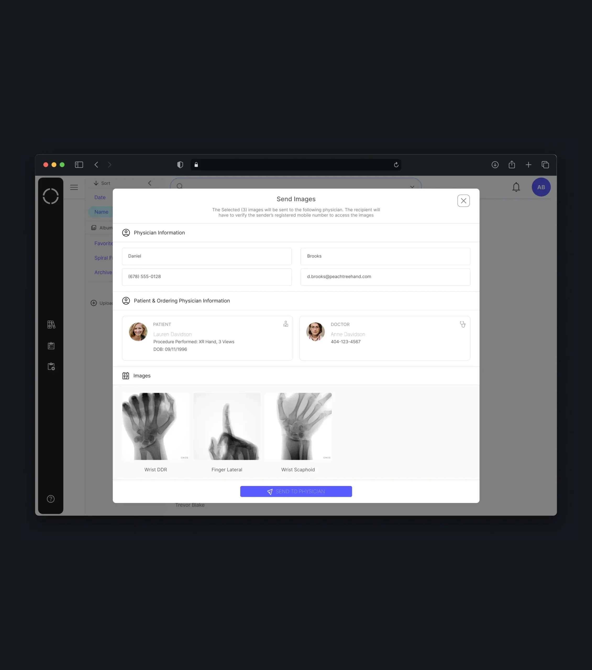 Send images dialog with physician contact fields, patient and ordering physician details, and selected radiographs.