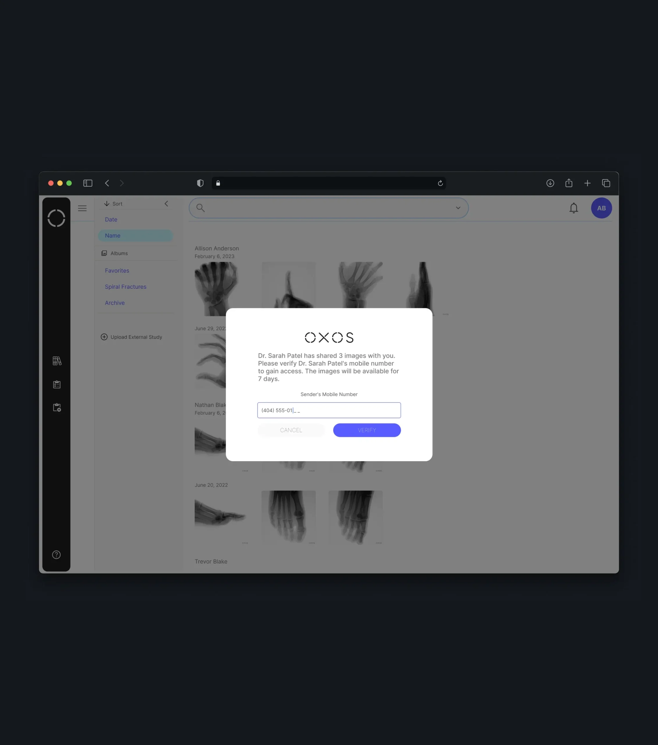 Secure access dialog asking a recipient to verify a physician’s phone number before viewing shared images.