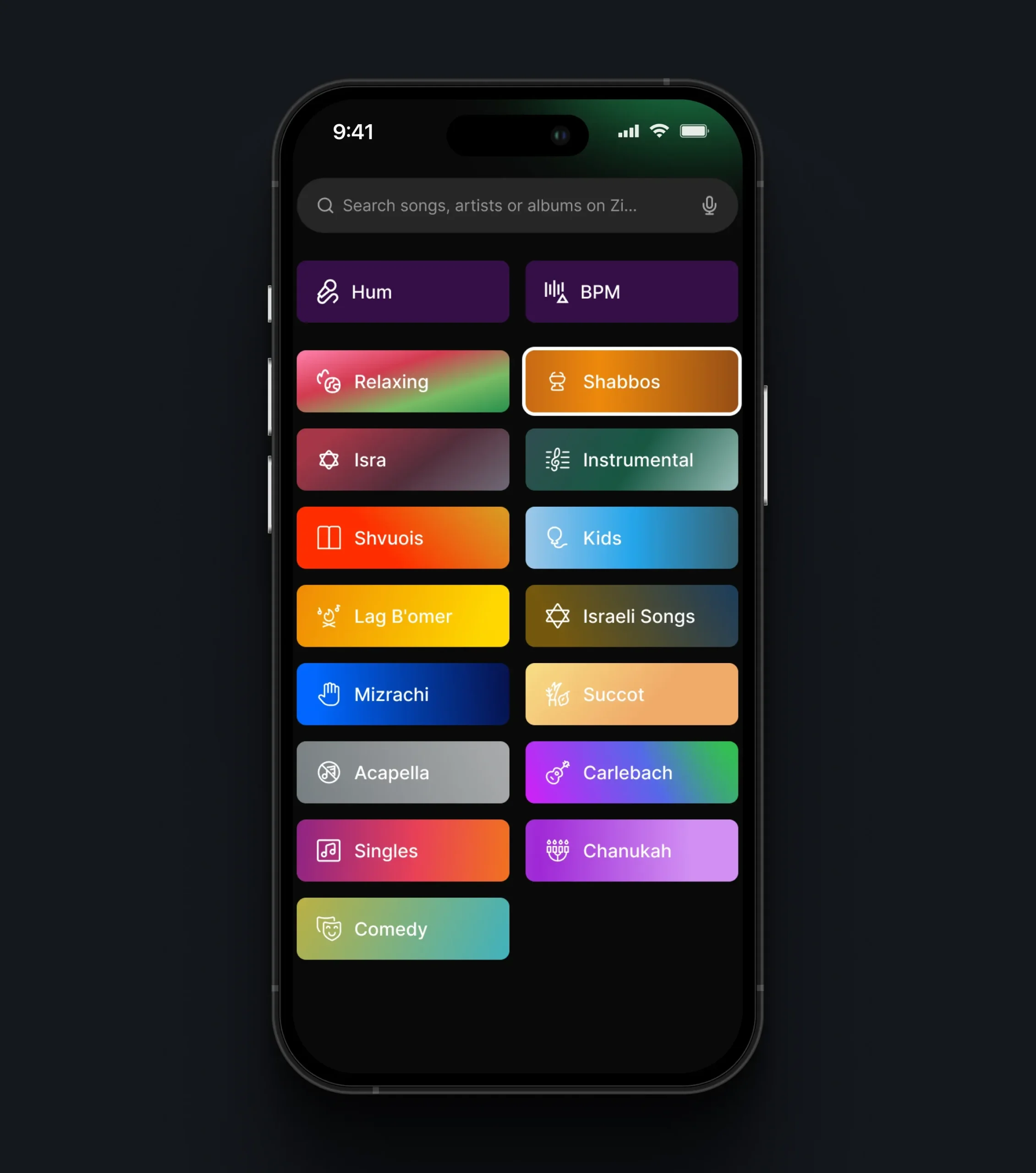 Mobile music app genre selection screen with categories such as Shabbos, Kids, Acapella, and Comedy