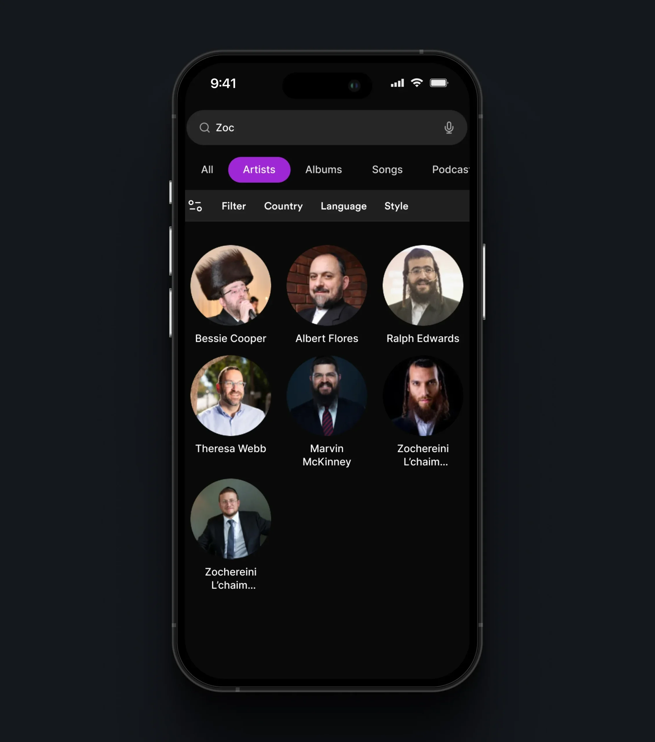 Mobile artist search screen with filters and a grid of circular artist portraits
