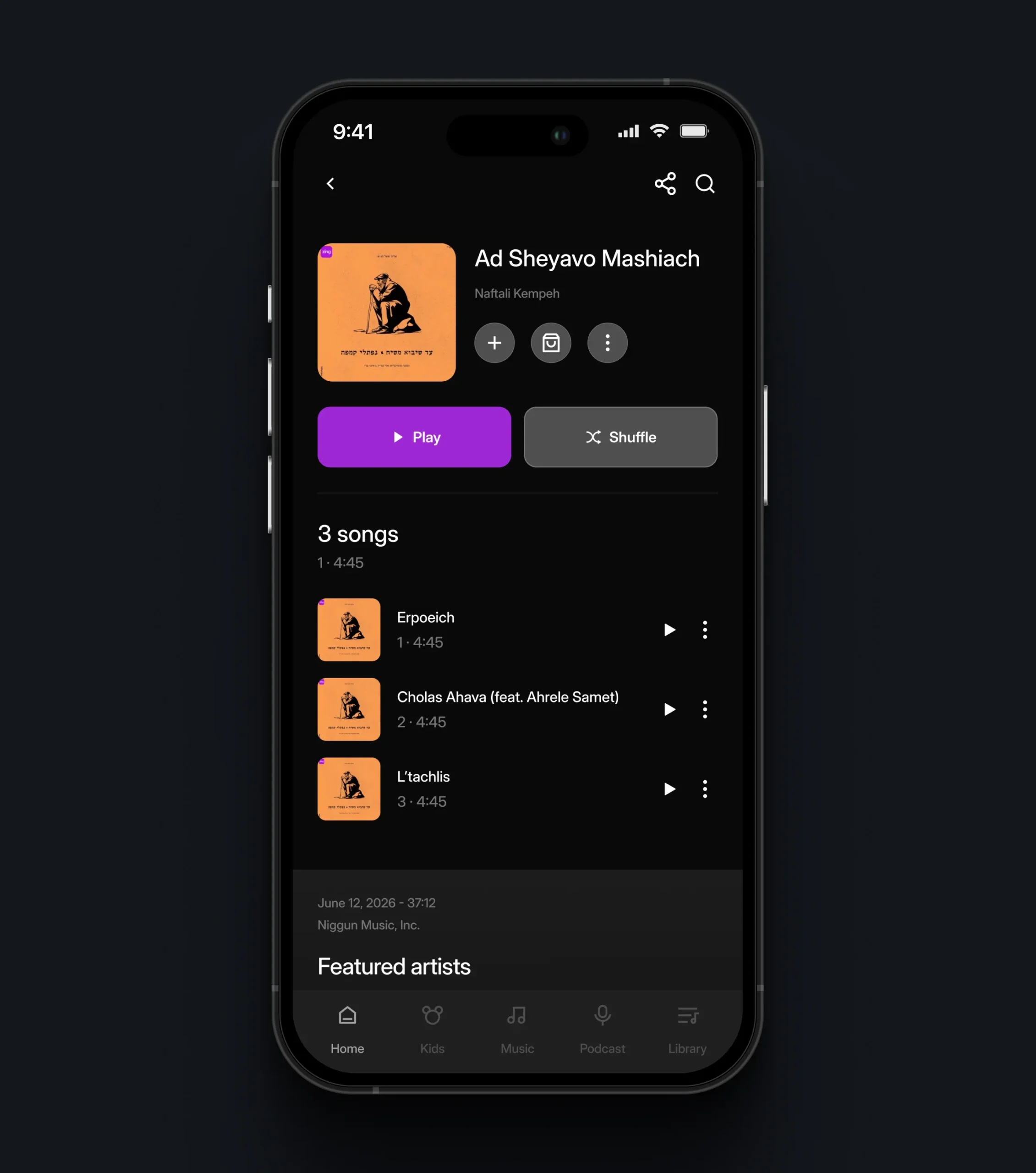 Mobile album page for "Ad Sheyavo Mashiach" with three songs and playback controls