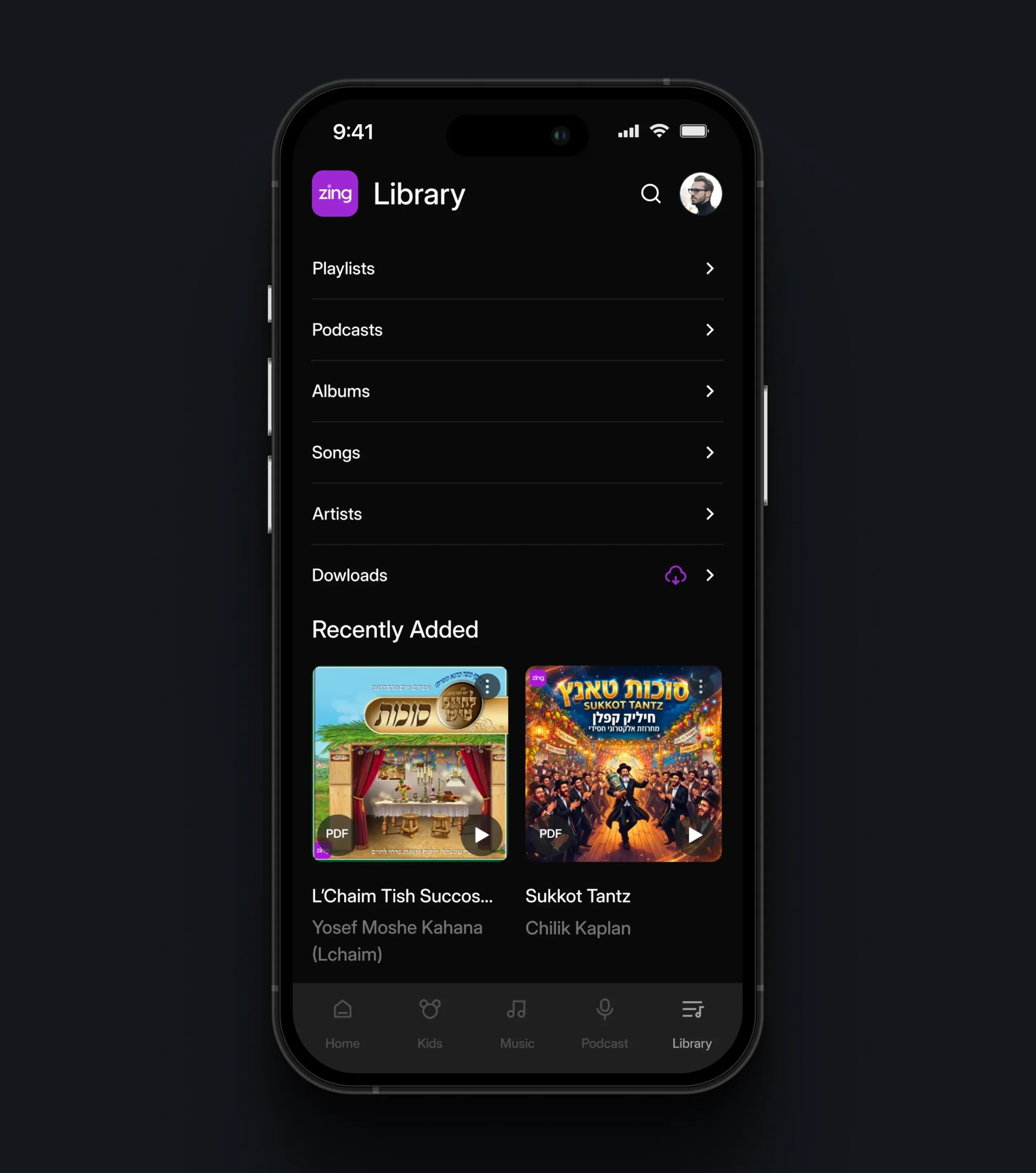 Mobile music library screen with playlists, podcasts, albums, songs, artists, downloads, and recently added content