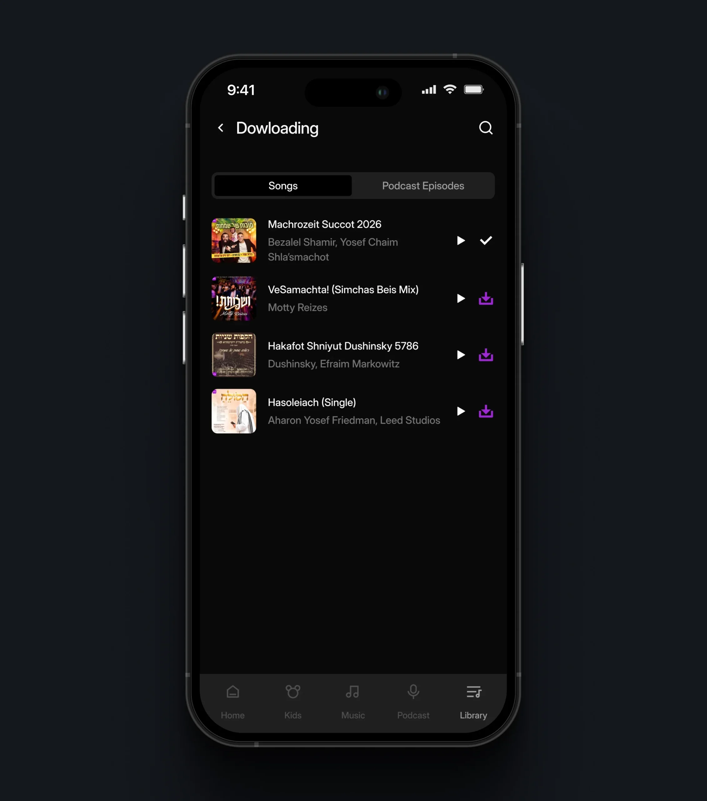 Mobile downloads screen listing downloaded songs with playback and download controls