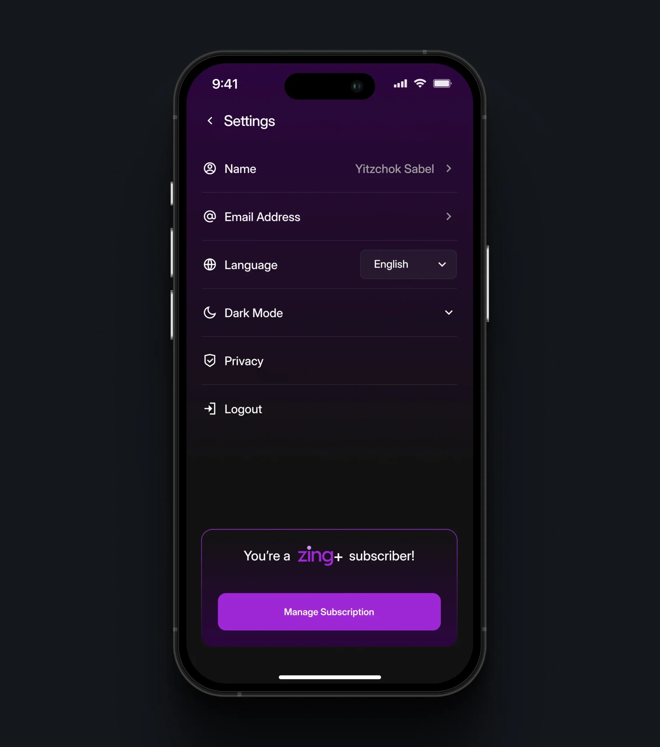 Mobile settings screen with profile, email, language, dark mode, privacy, and logout options