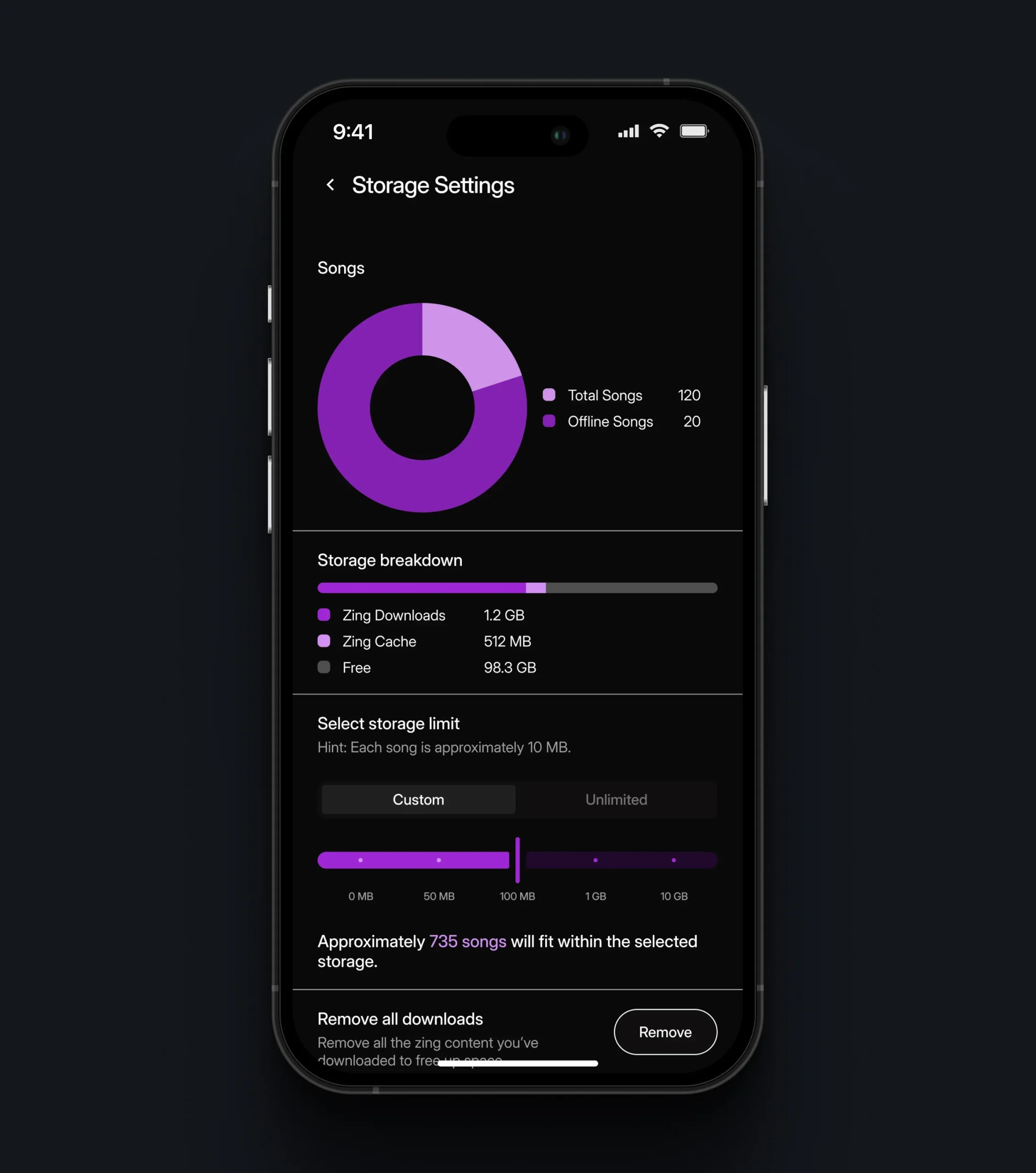Mobile storage settings screen showing song usage, cache, free space, and storage limit controls