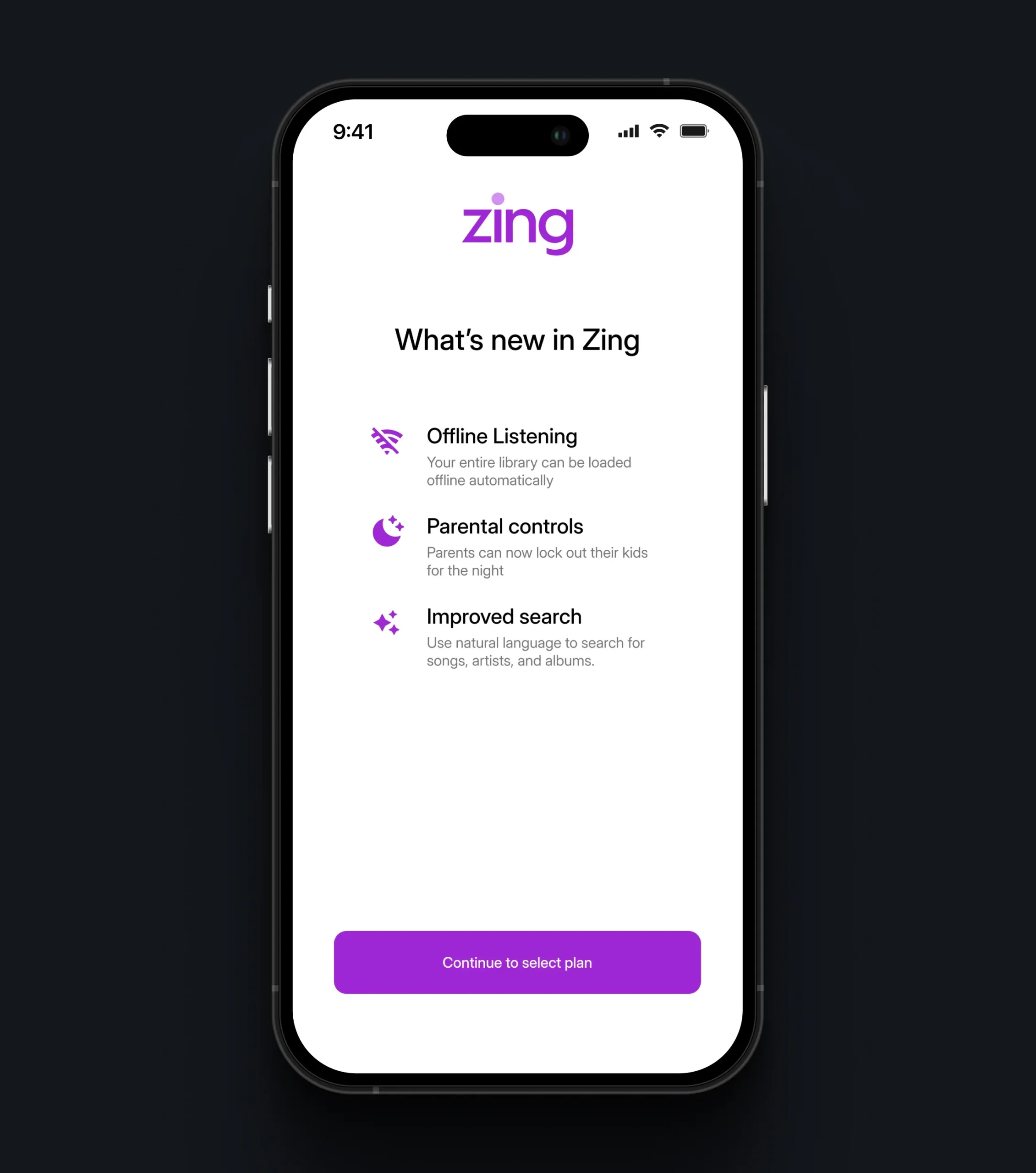 Mobile onboarding screen highlighting offline listening, parental controls, and improved search