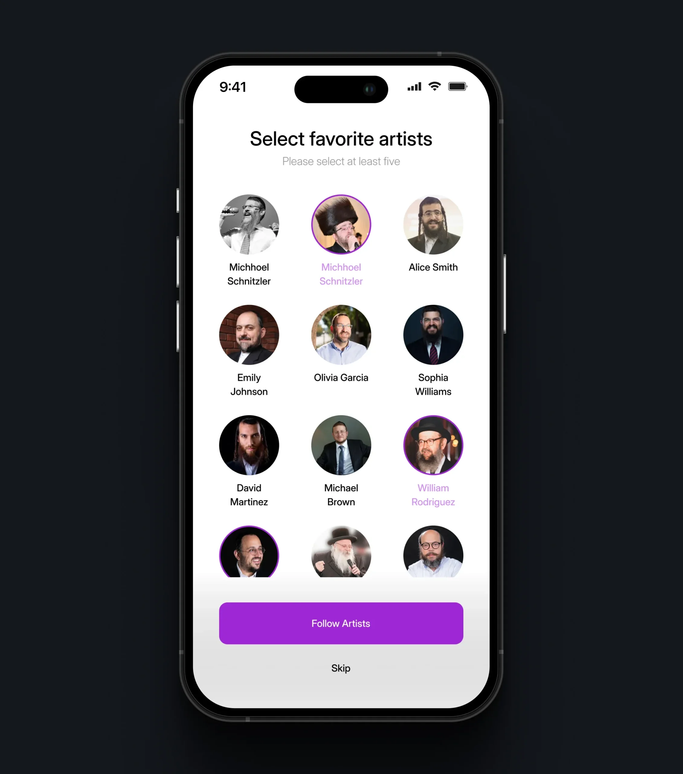 Mobile onboarding screen for selecting favorite artists with artist portraits and follow controls