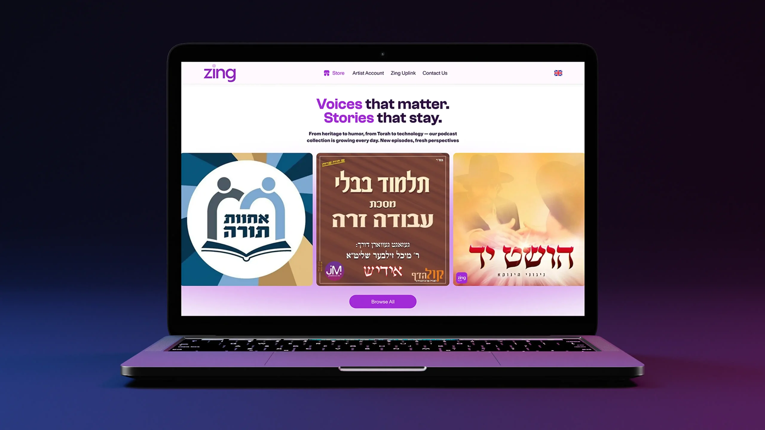 Front-facing laptop showing a Jewish music website with three featured content cards