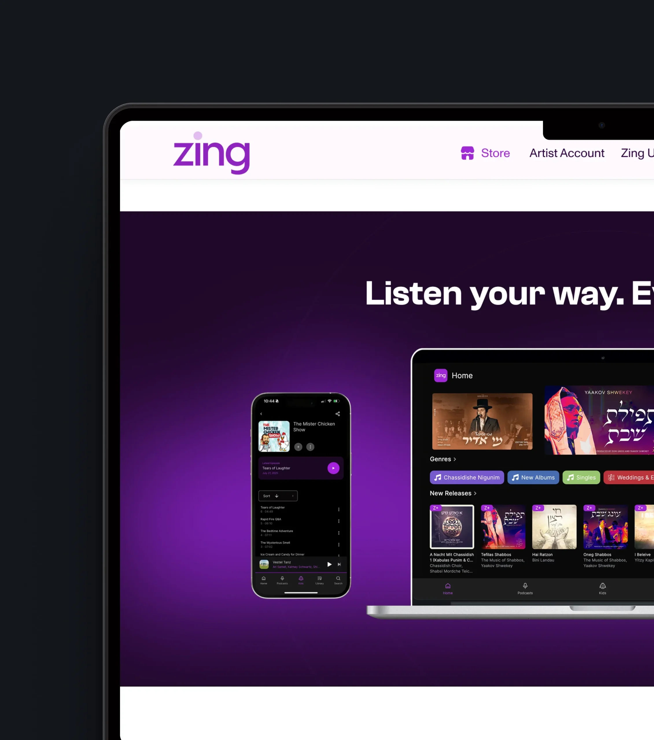 Website section showing mobile and desktop music interfaces on a purple background