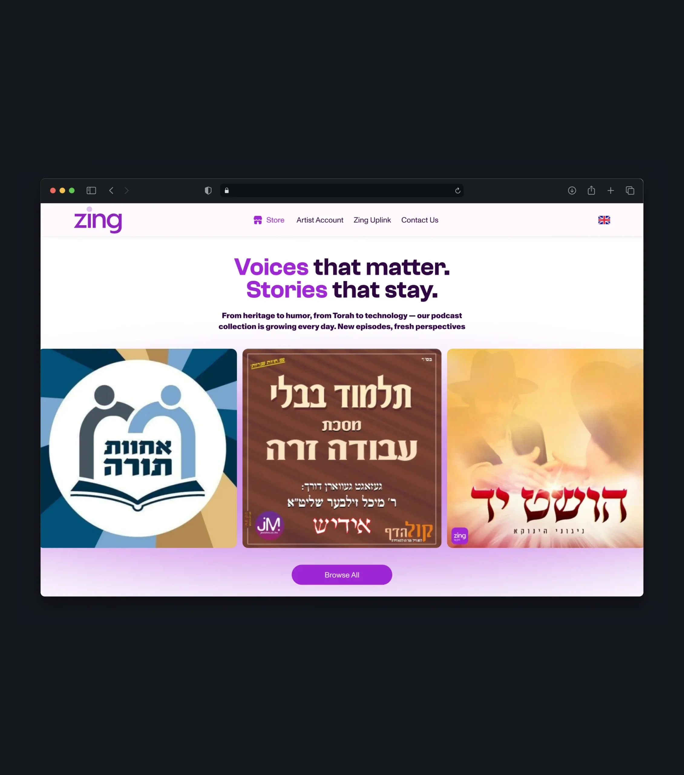 Desktop webpage with podcast cards and the heading "Voices that matter. Stories that stay."