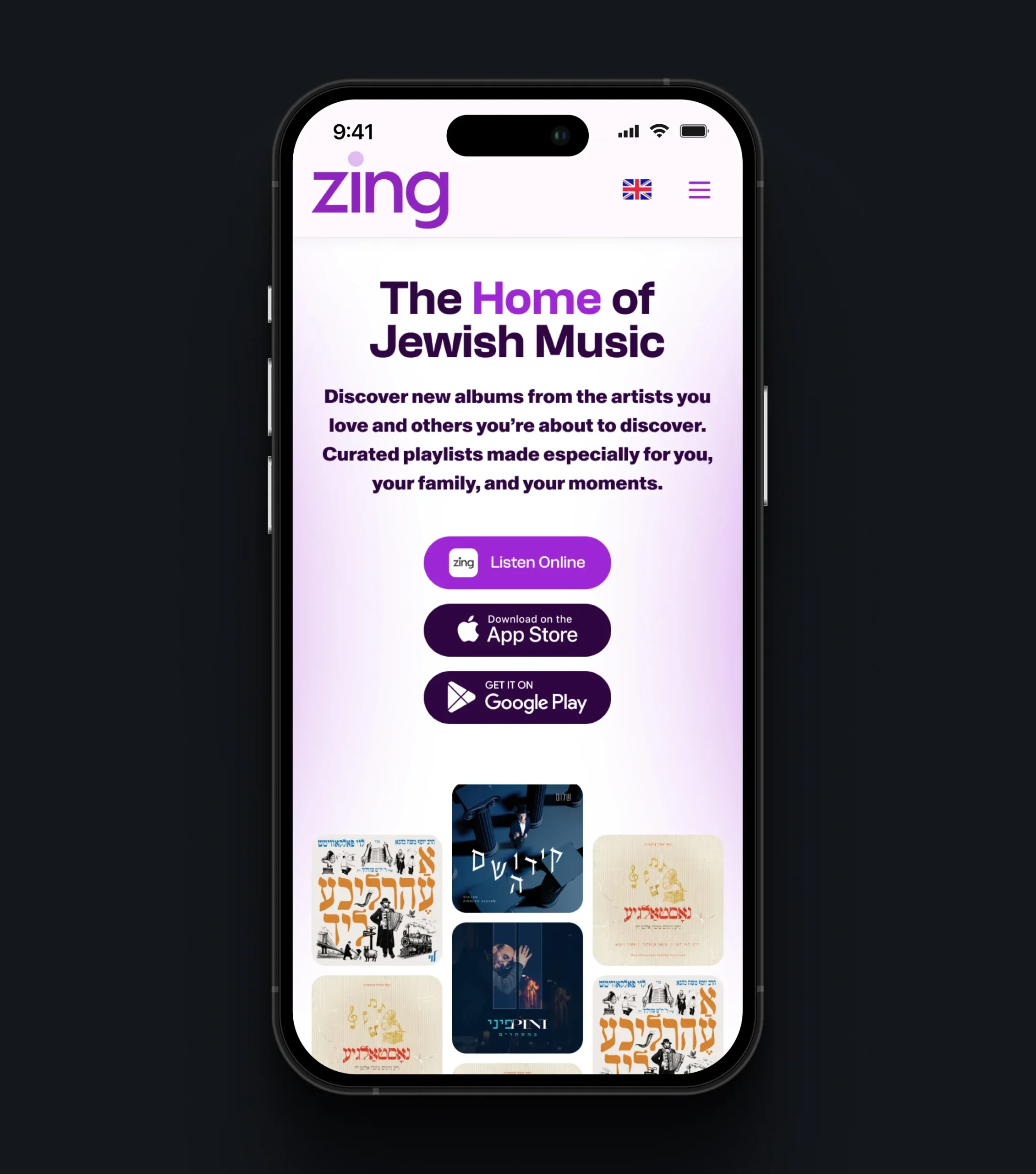 Mobile webpage introducing Jewish music with online listening and app download buttons