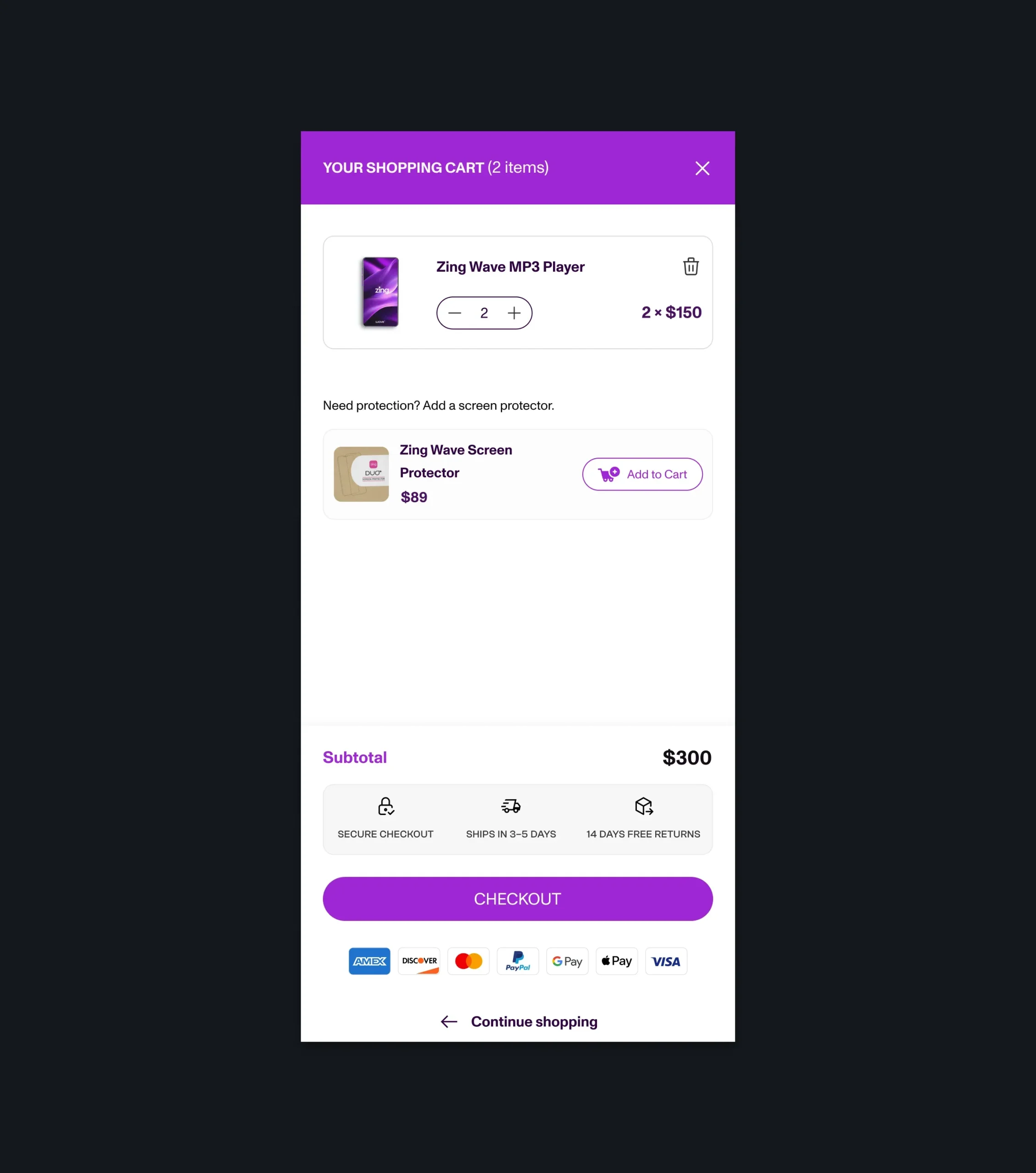 Shopping cart showing two MP3 players, a screen protector recommendation, subtotal, and checkout button