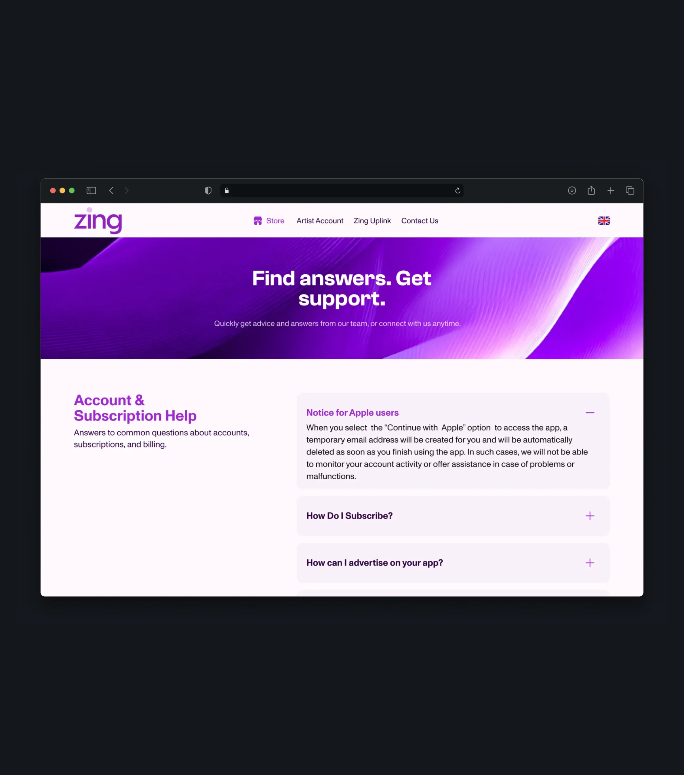 Support webpage with account and subscription help presented as expandable FAQ sections