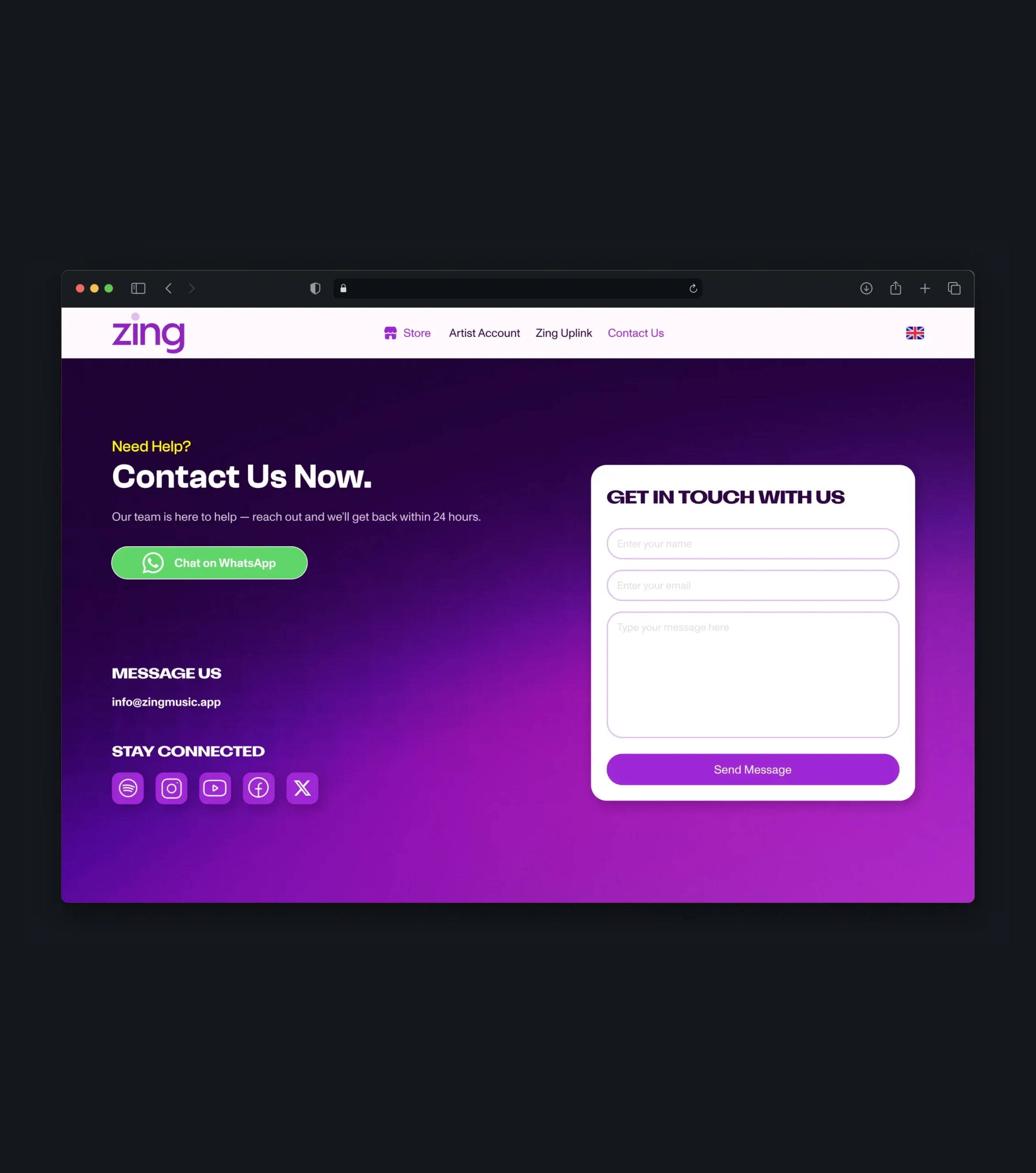 Contact webpage with WhatsApp support, contact details, social media links, and a message form