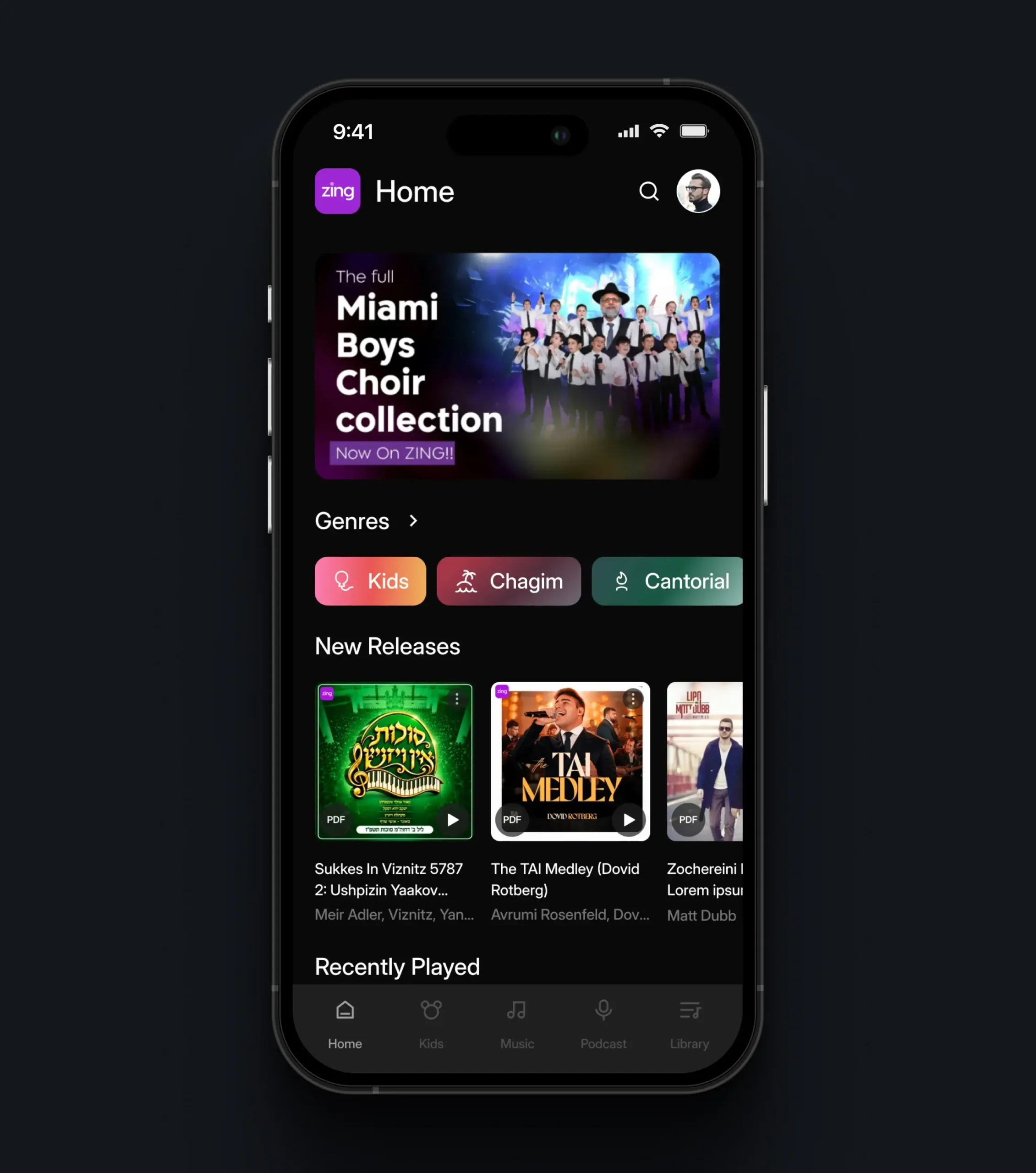 Mobile music app home screen with a choir collection banner, genre filters, and new releases