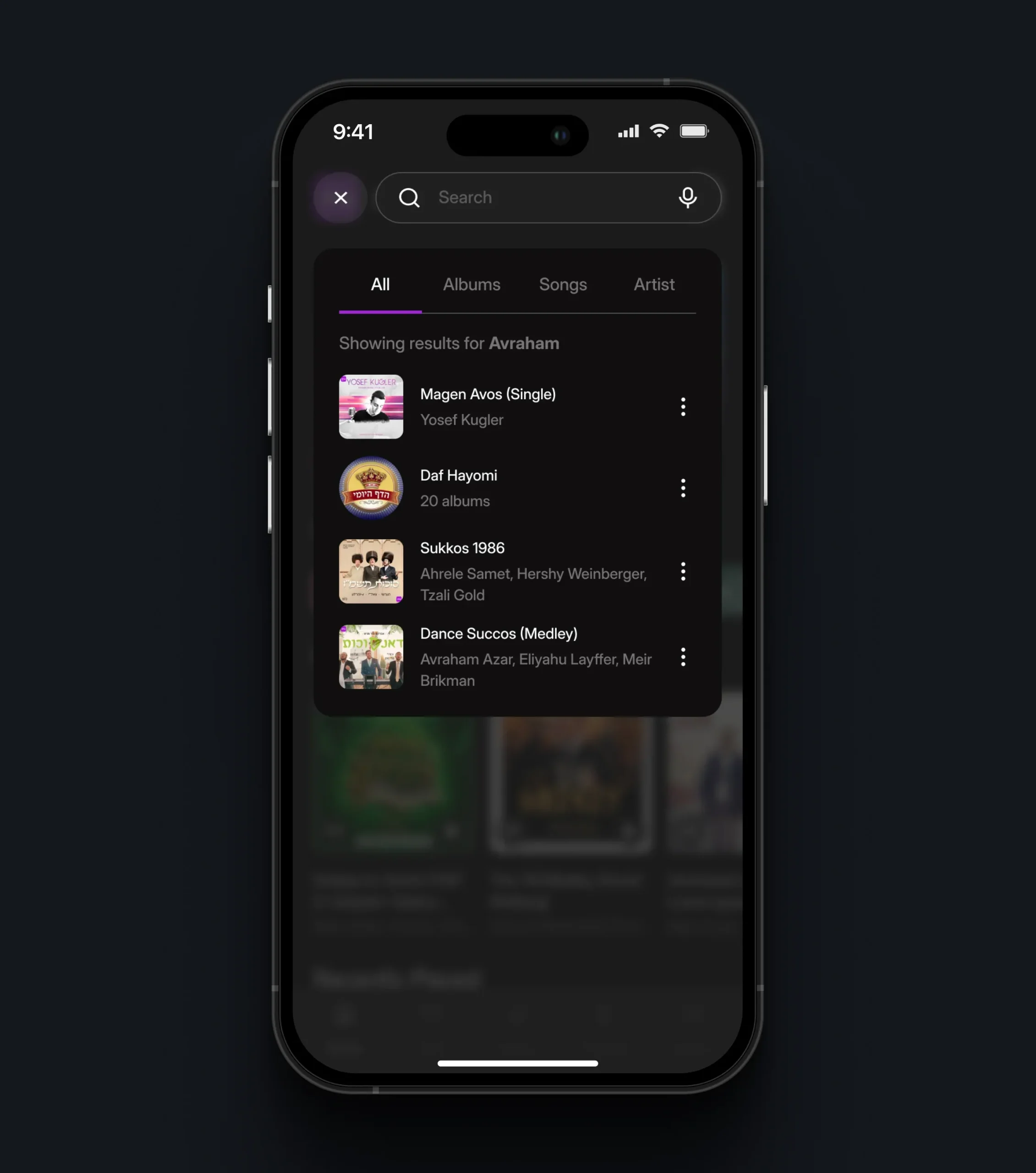 Mobile search results screen showing artists, albums, and songs matching "Avraham"